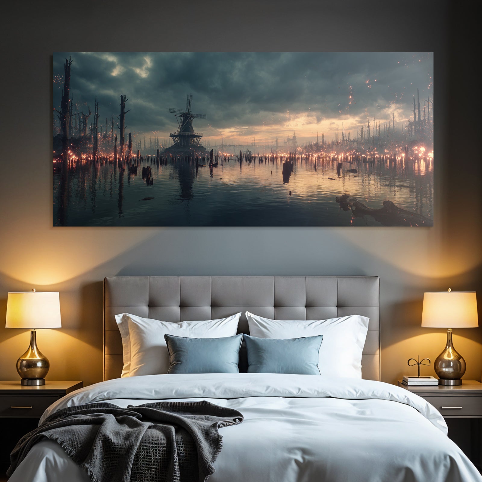 Dramatische Landschaft Mit Windmühle Und Wasser Verfall Environmental Change Dystopie