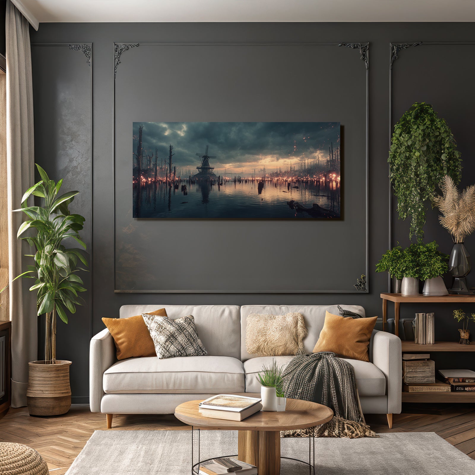 Dramatische Landschaft Mit Windmühle Und Wasser Verfall Environmental Change Dystopie