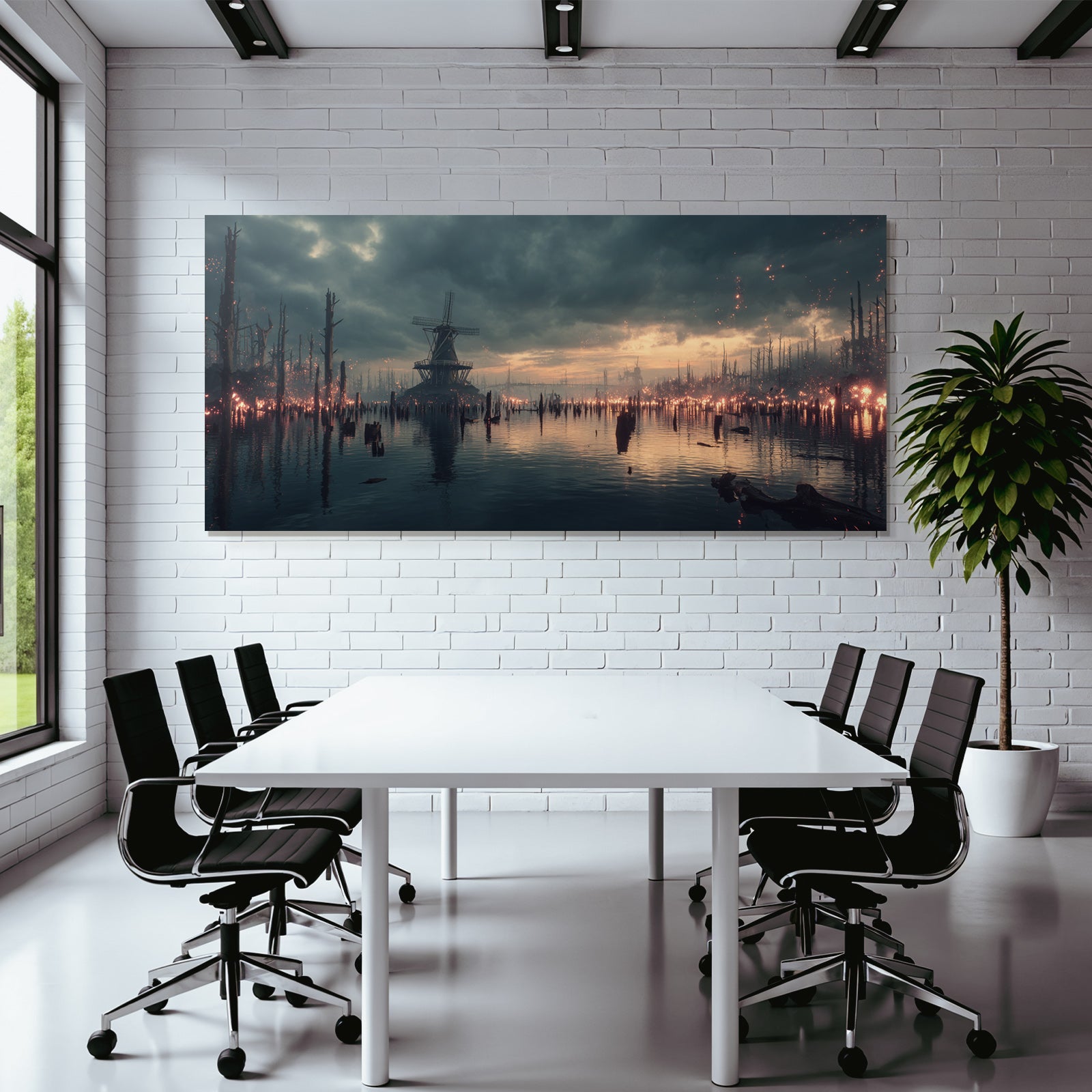 Dramatische Landschaft Mit Windmühle Und Wasser Verfall Environmental Change Dystopie