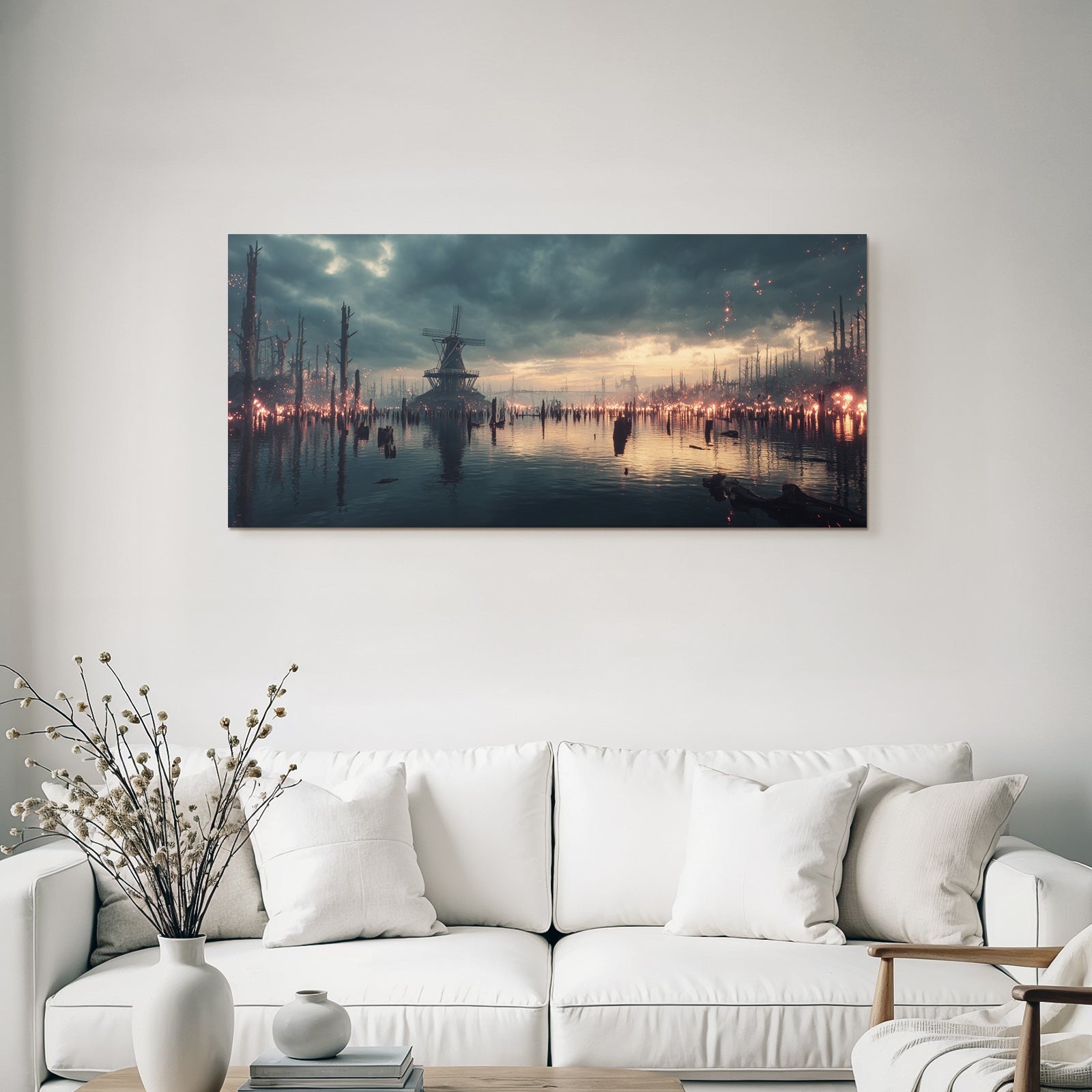 Dramatische Landschaft Mit Windmühle Und Wasser Verfall Environmental Change Dystopie