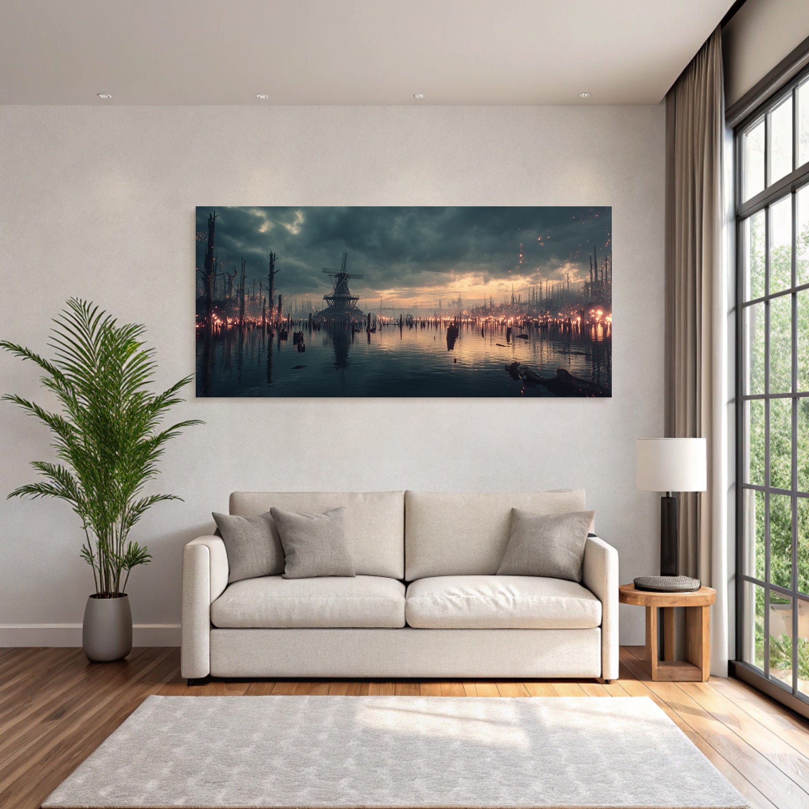 Dramatische Landschaft Mit Windmühle Und Wasser Verfall Environmental Change Dystopie