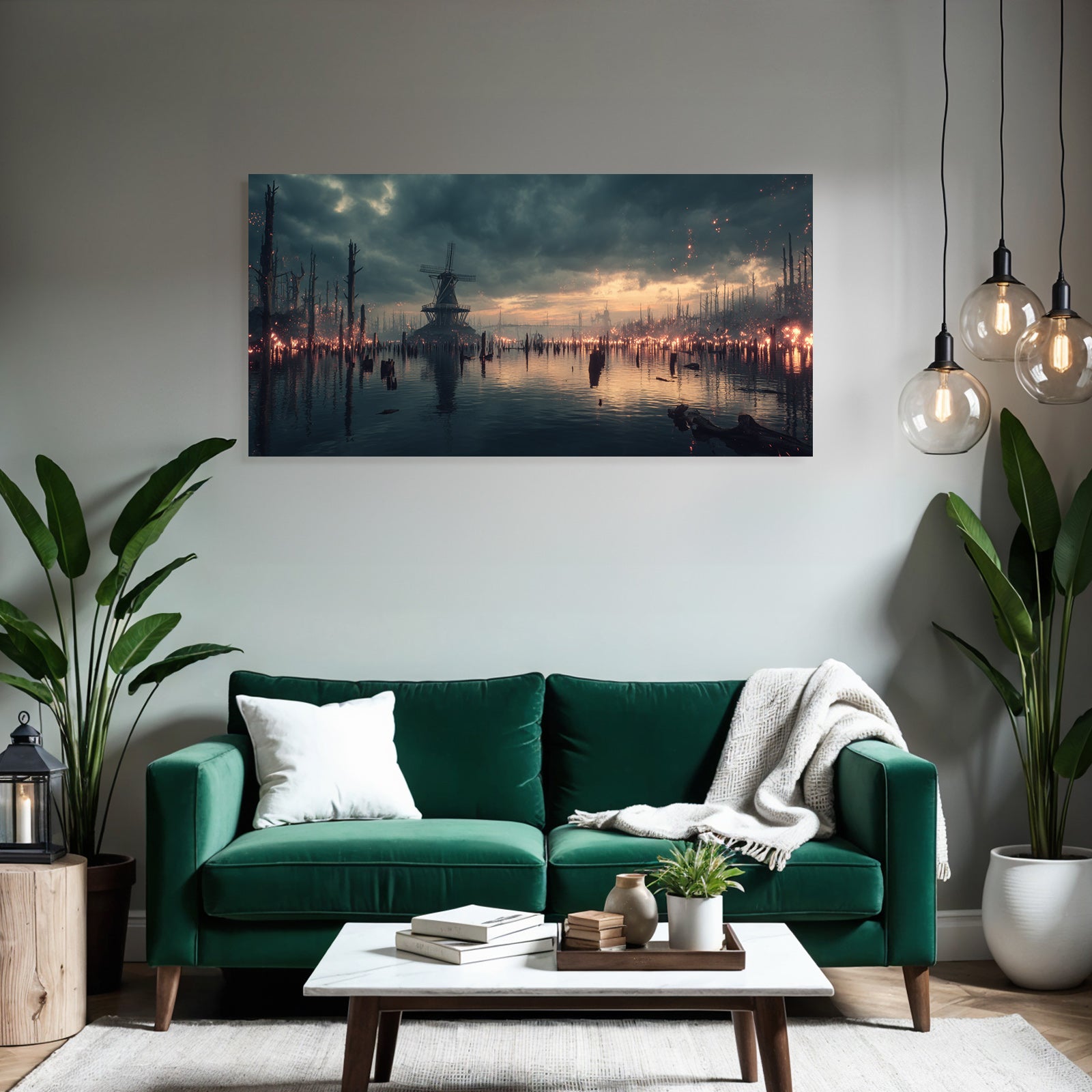 Dramatische Landschaft Mit Windmühle Und Wasser Verfall Environmental Change Dystopie