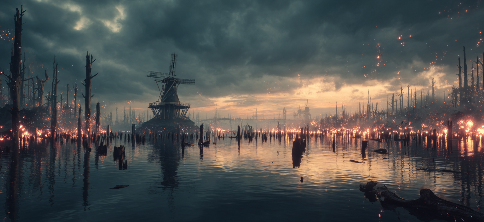 Dramatische Landschaft Mit Windmühle Und Wasser Verfall Environmental Change Dystopie | Windmuehlen Leuchttuerme Bruecken | Architektur