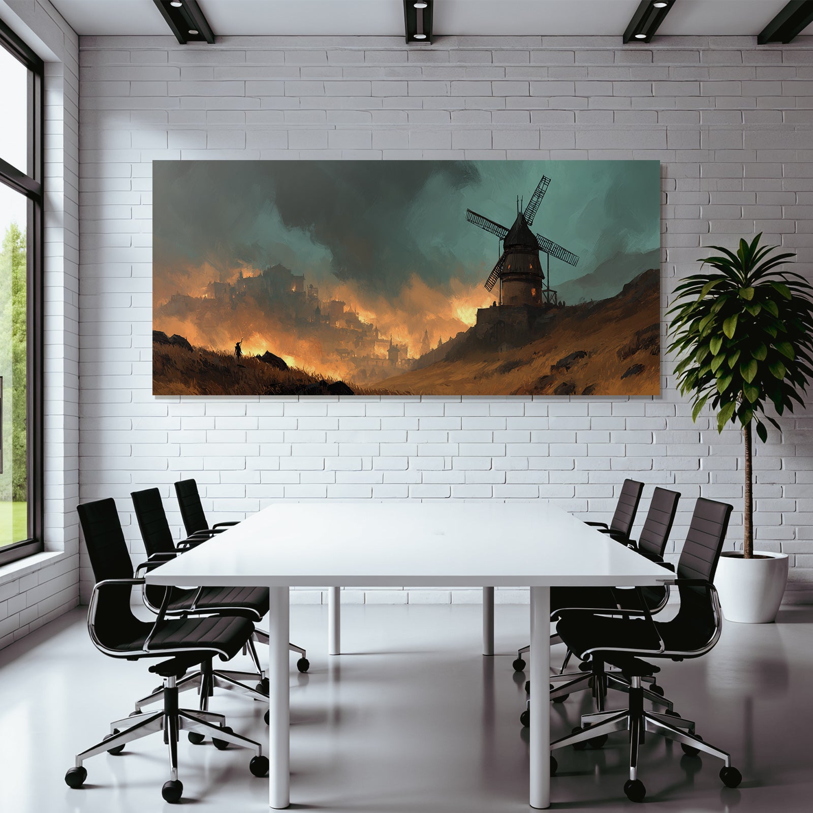 Dramatische Landschaft Mühle Brennendes Dorf Sturmwolken Flammen