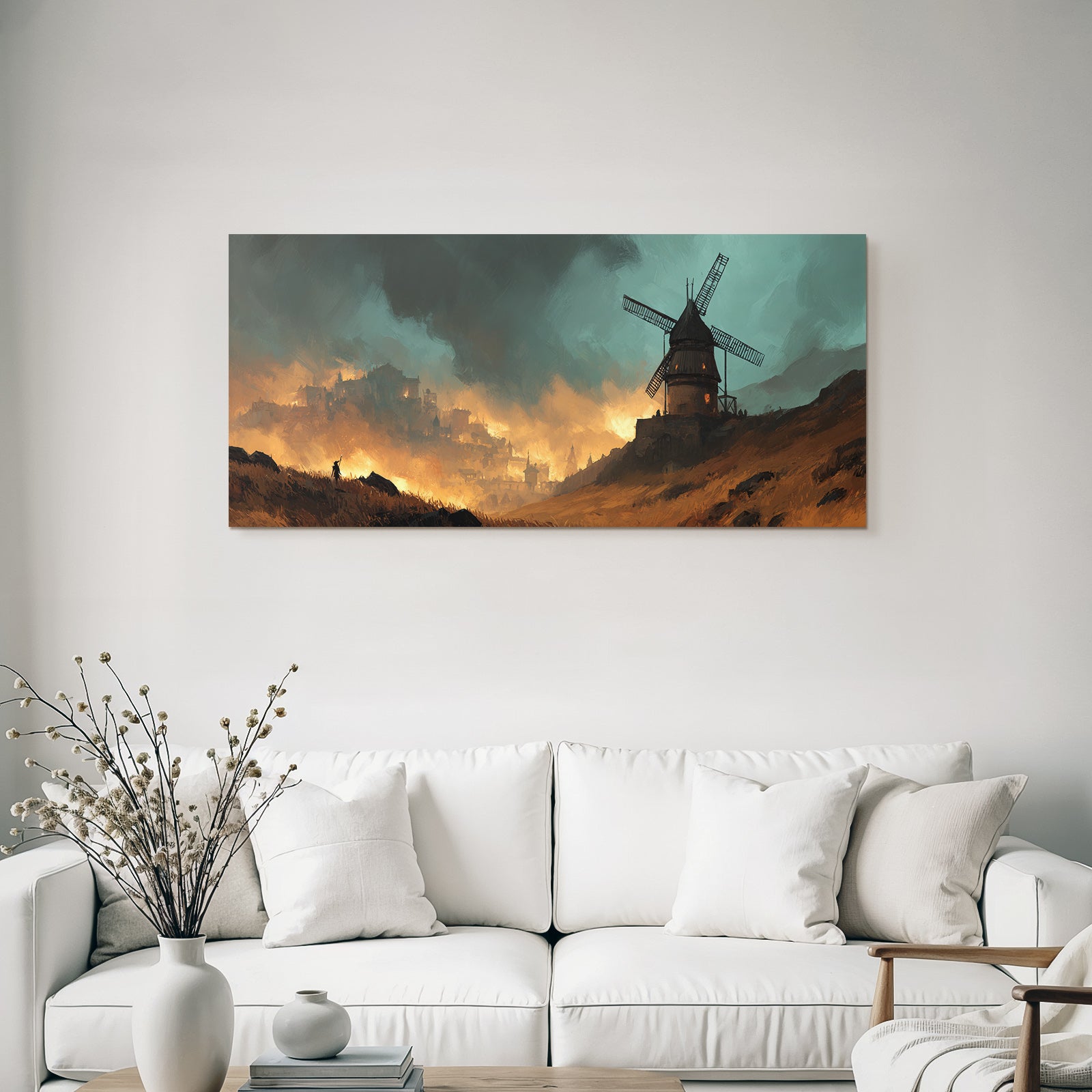 Dramatische Landschaft Mühle Brennendes Dorf Sturmwolken Flammen