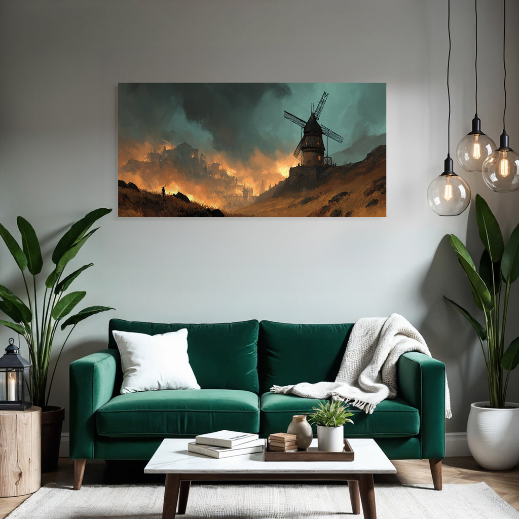 Dramatische Landschaft Mühle Brennendes Dorf Sturmwolken Flammen