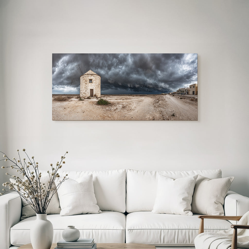 Dramatische Landschaft Mühle Unter Sturmhimmel