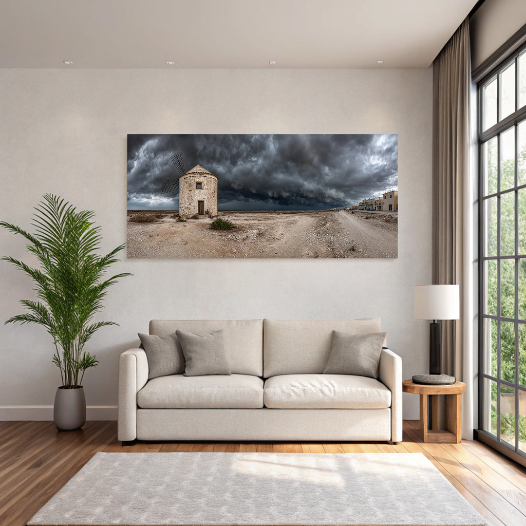 Dramatische Landschaft Mühle Unter Sturmhimmel