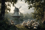 Friedliche Landschaft Mit Windmühle Und Fluss | Windmuehlen Leuchttuerme Bruecken | Architektur