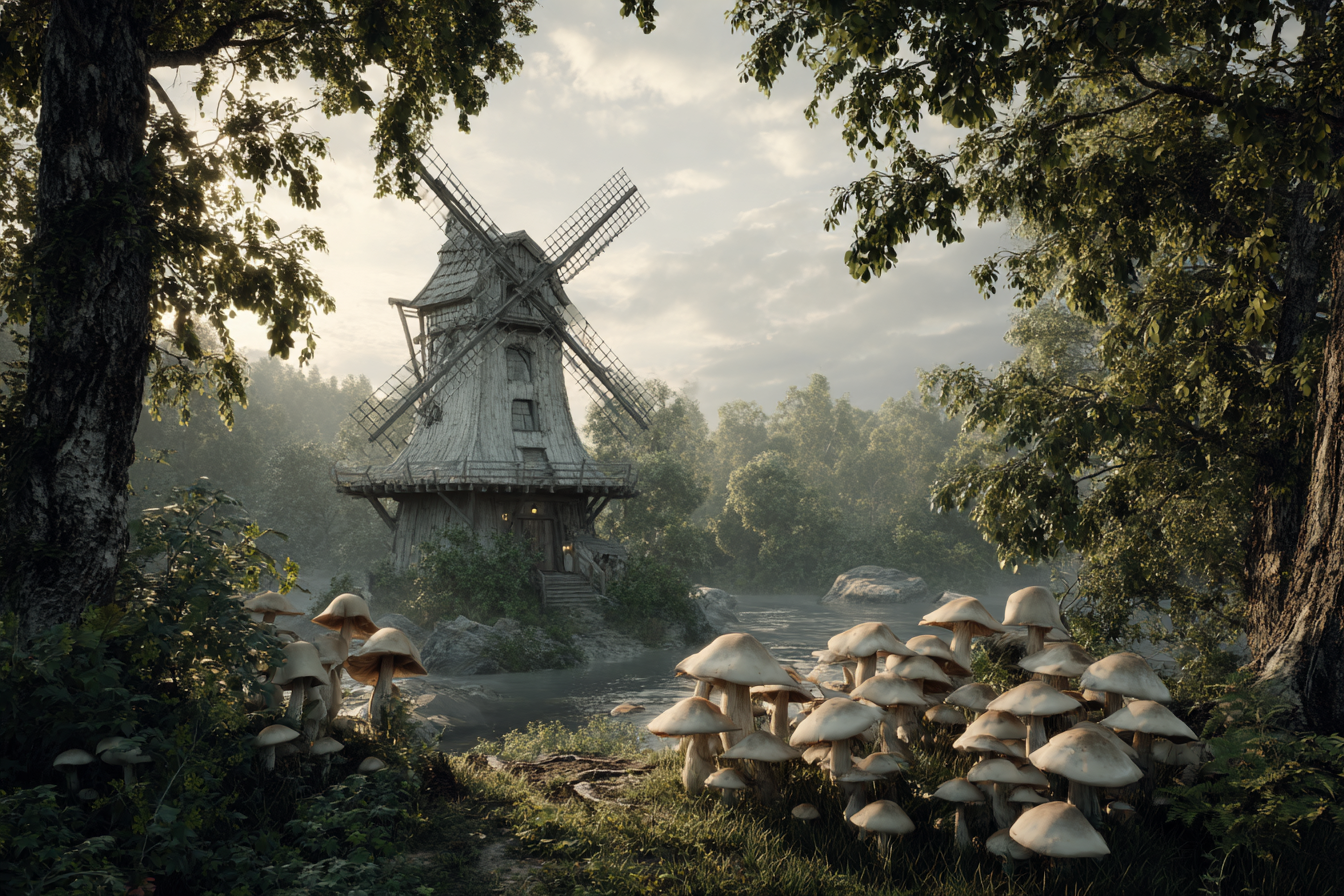 Friedliche Landschaft Mit Windmühle Und Fluss | Windmuehlen Leuchttuerme Bruecken | Architektur