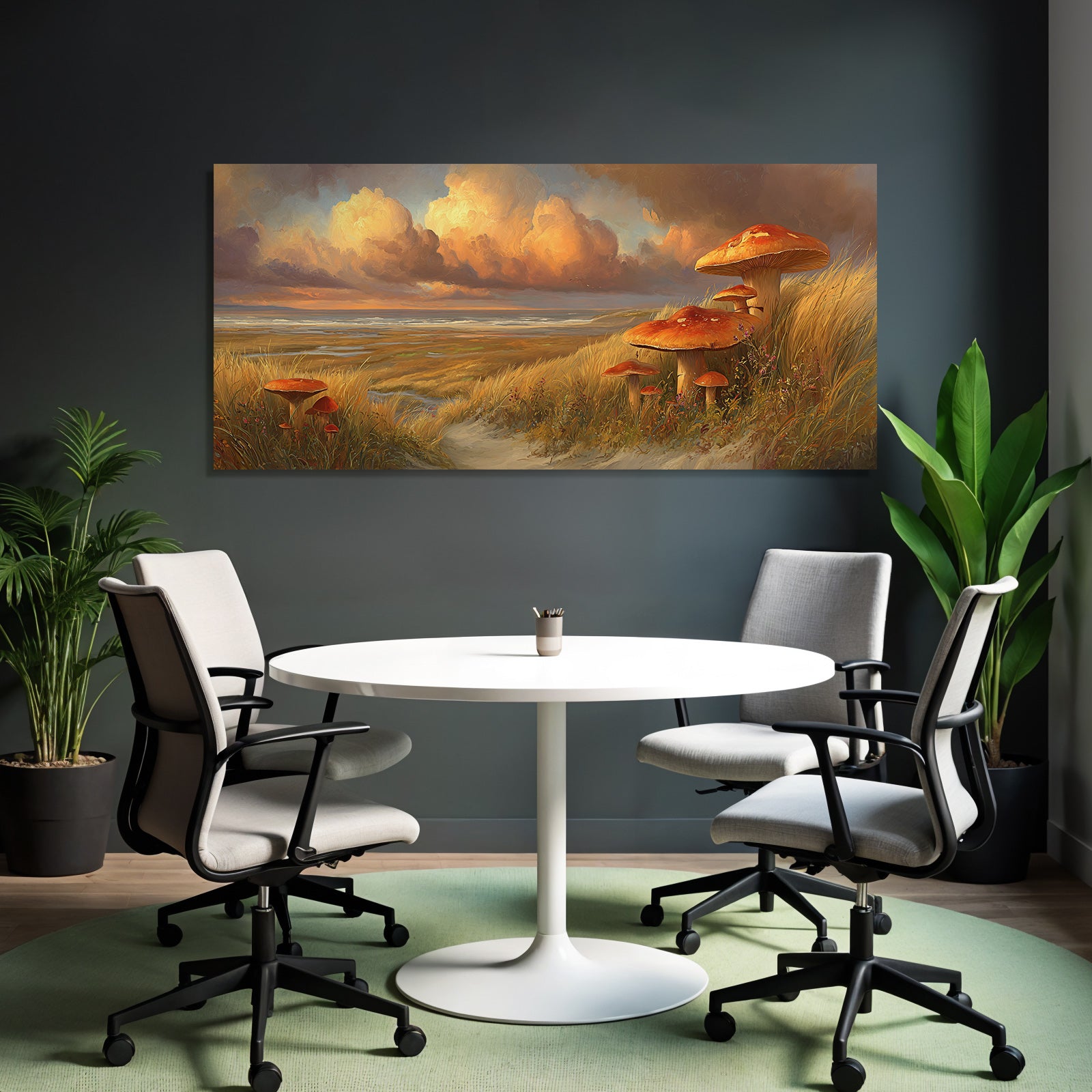 Grosse Vibrante Pilze In Der Natur Mit Hübschem Himmel Und Meerblick