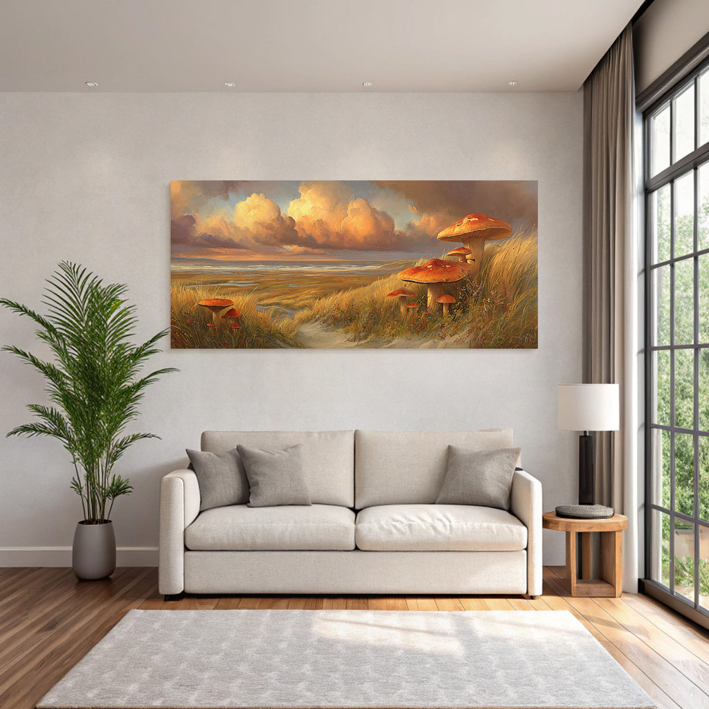 Grosse Vibrante Pilze In Der Natur Mit Hübschem Himmel Und Meerblick