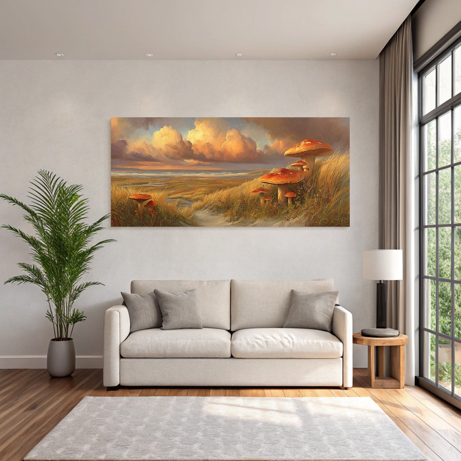 Grosse Vibrante Pilze In Der Natur Mit Hübschem Himmel Und Meerblick