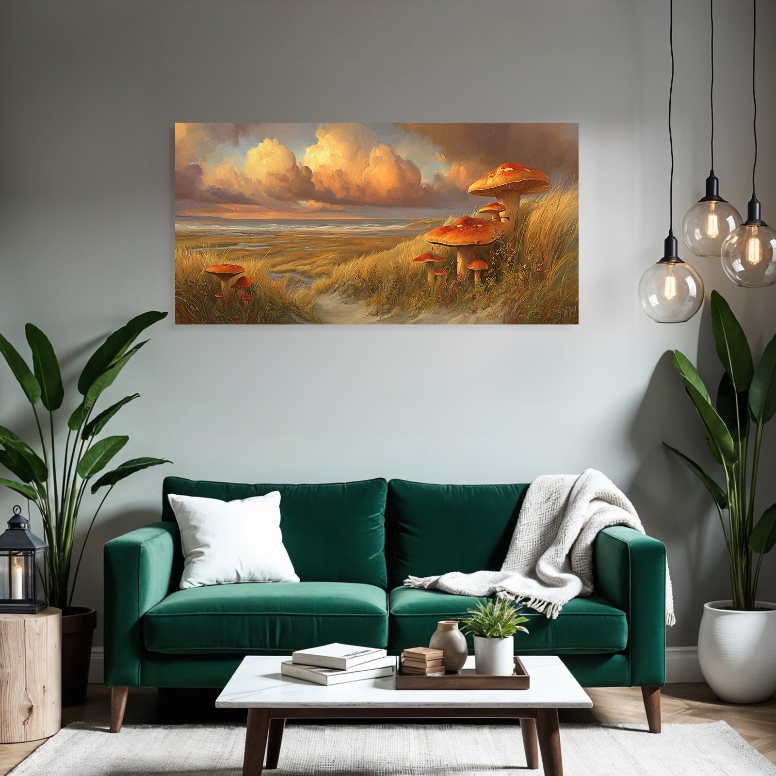 Grosse Vibrante Pilze In Der Natur Mit Hübschem Himmel Und Meerblick