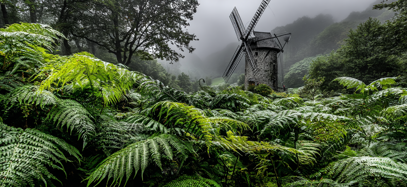 Grüne Landschaft Mit Windmühle Umgeben Von Farnen Und Bäumen | Windmuehlen Leuchttuerme Bruecken | Architektur
