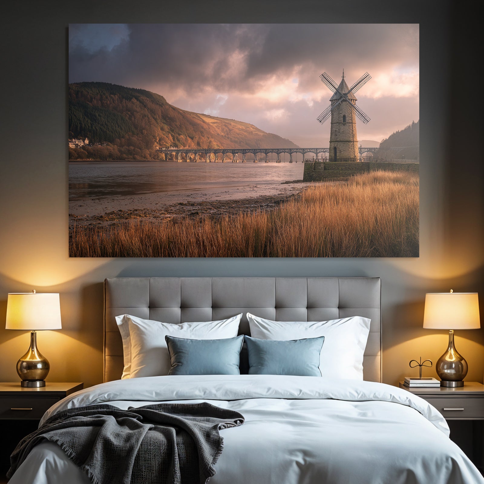 Historische Windmühle Landschaft Bruücke Wasser Reflexionen