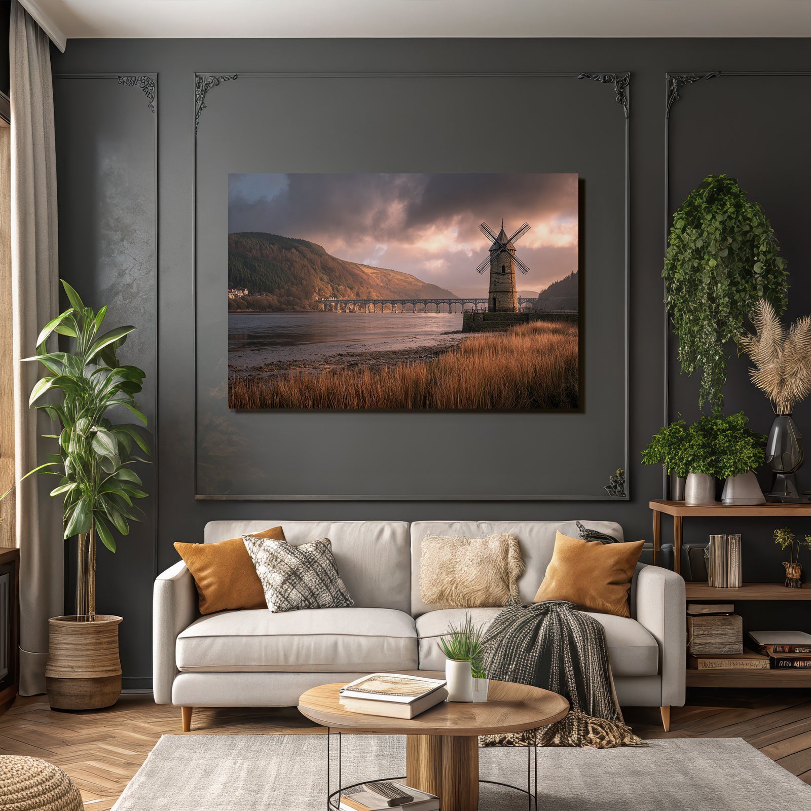 Historische Windmühle Landschaft Bruücke Wasser Reflexionen