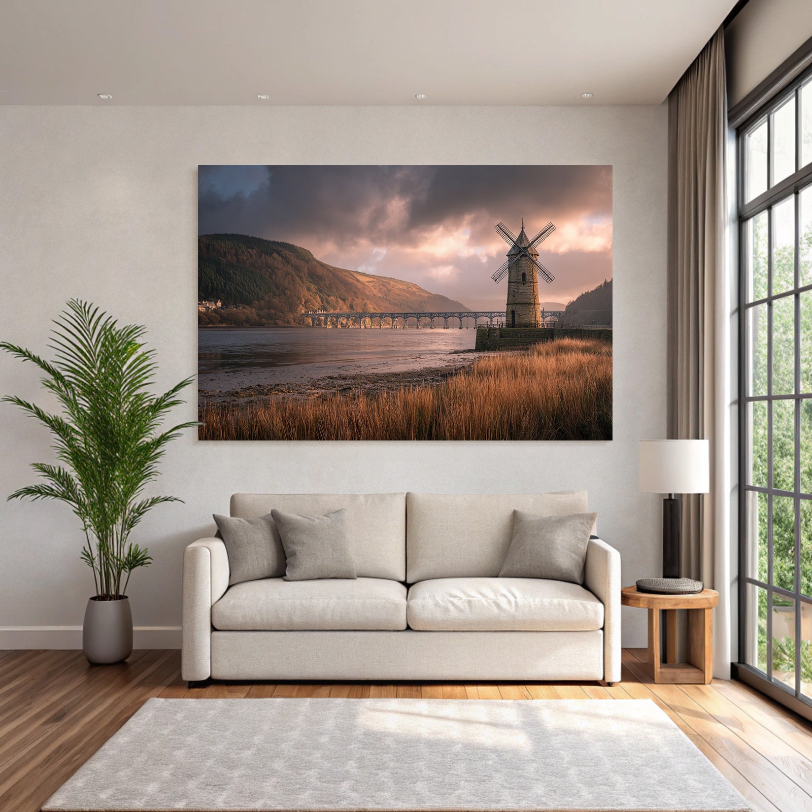 Historische Windmühle Landschaft Bruücke Wasser Reflexionen