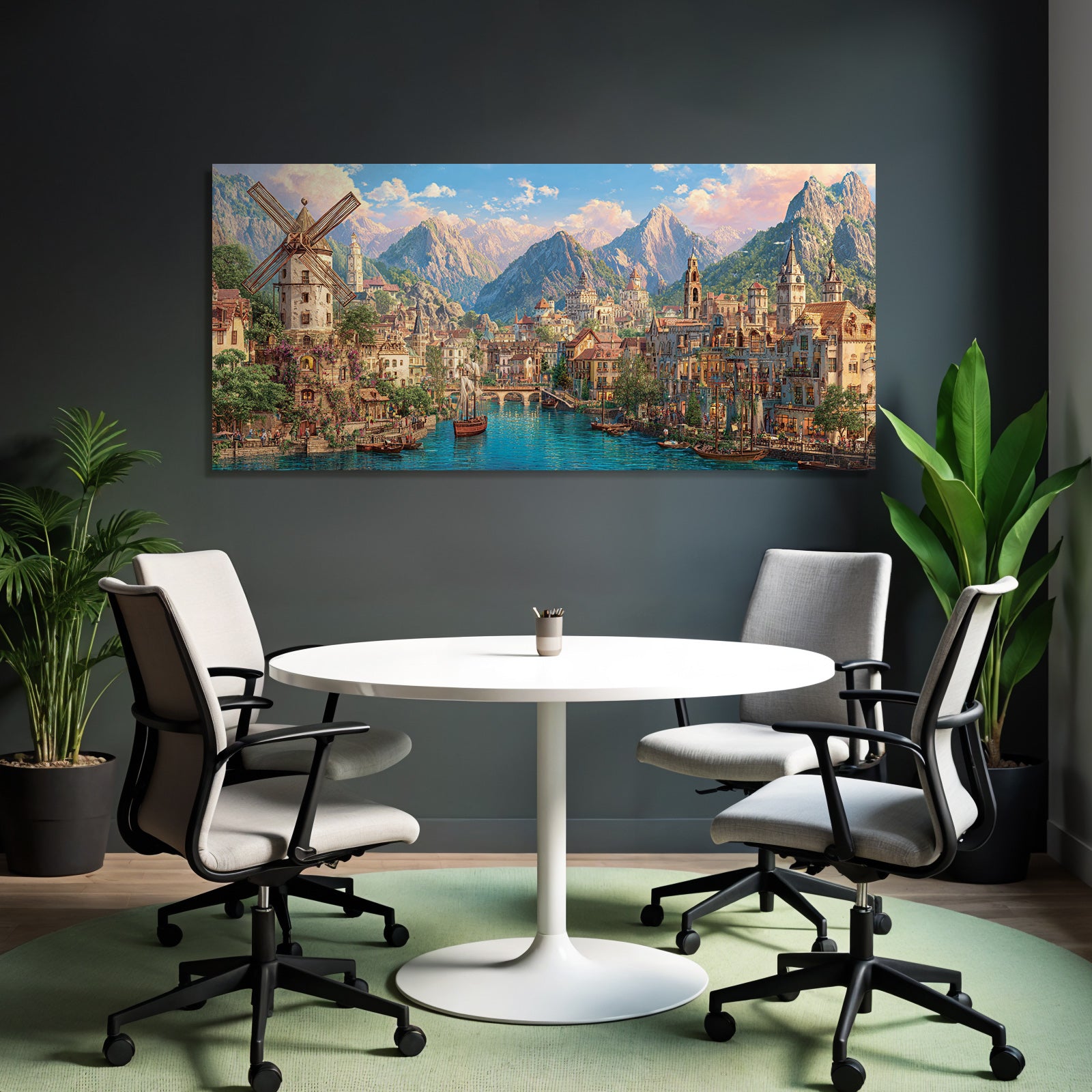 Idyllische Fantasy Landlandschaft Mit Stadt Am Fluss Und Bergen