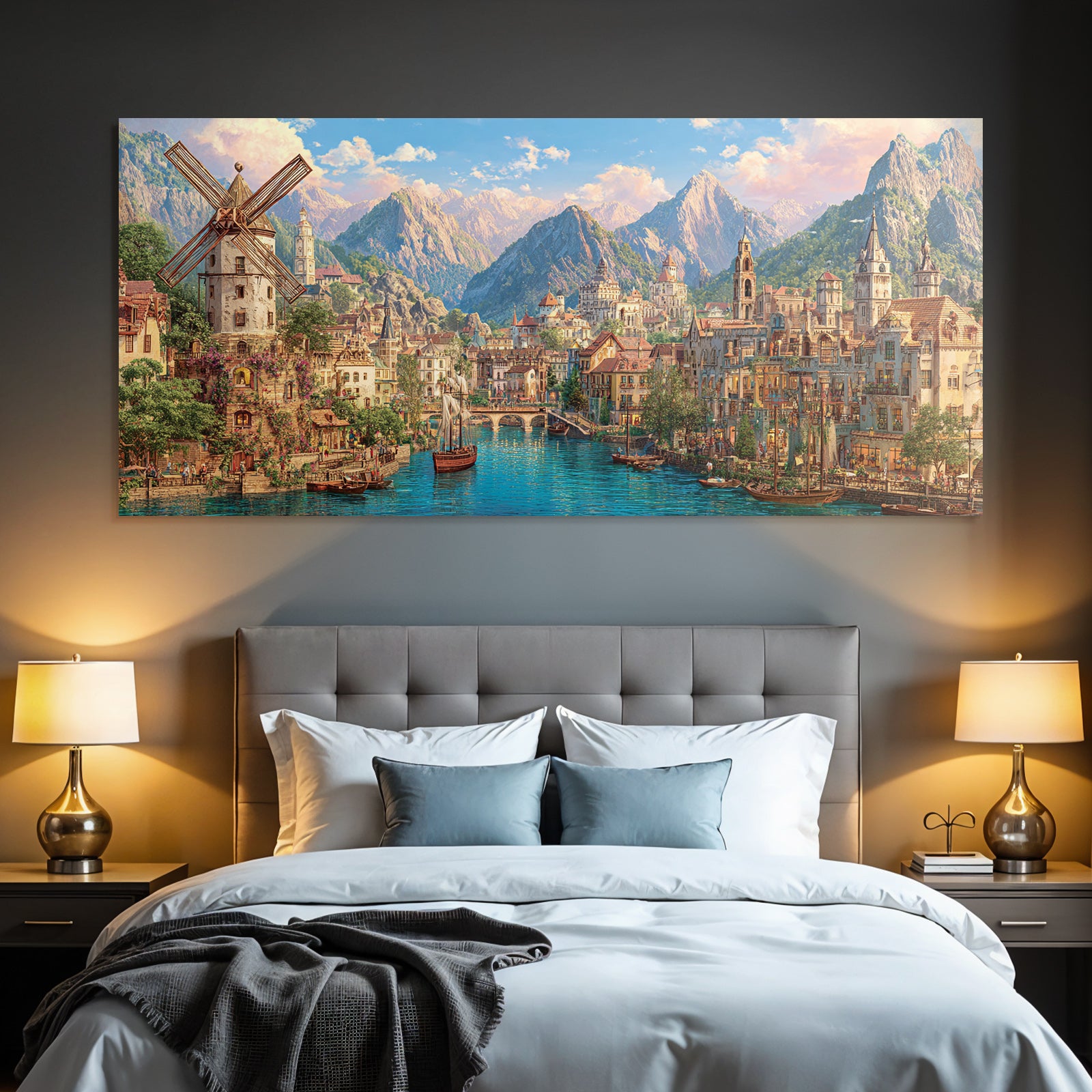 Idyllische Fantasy Landlandschaft Mit Stadt Am Fluss Und Bergen