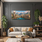 Idyllische Fantasy Landlandschaft Mit Stadt Am Fluss Und Bergen