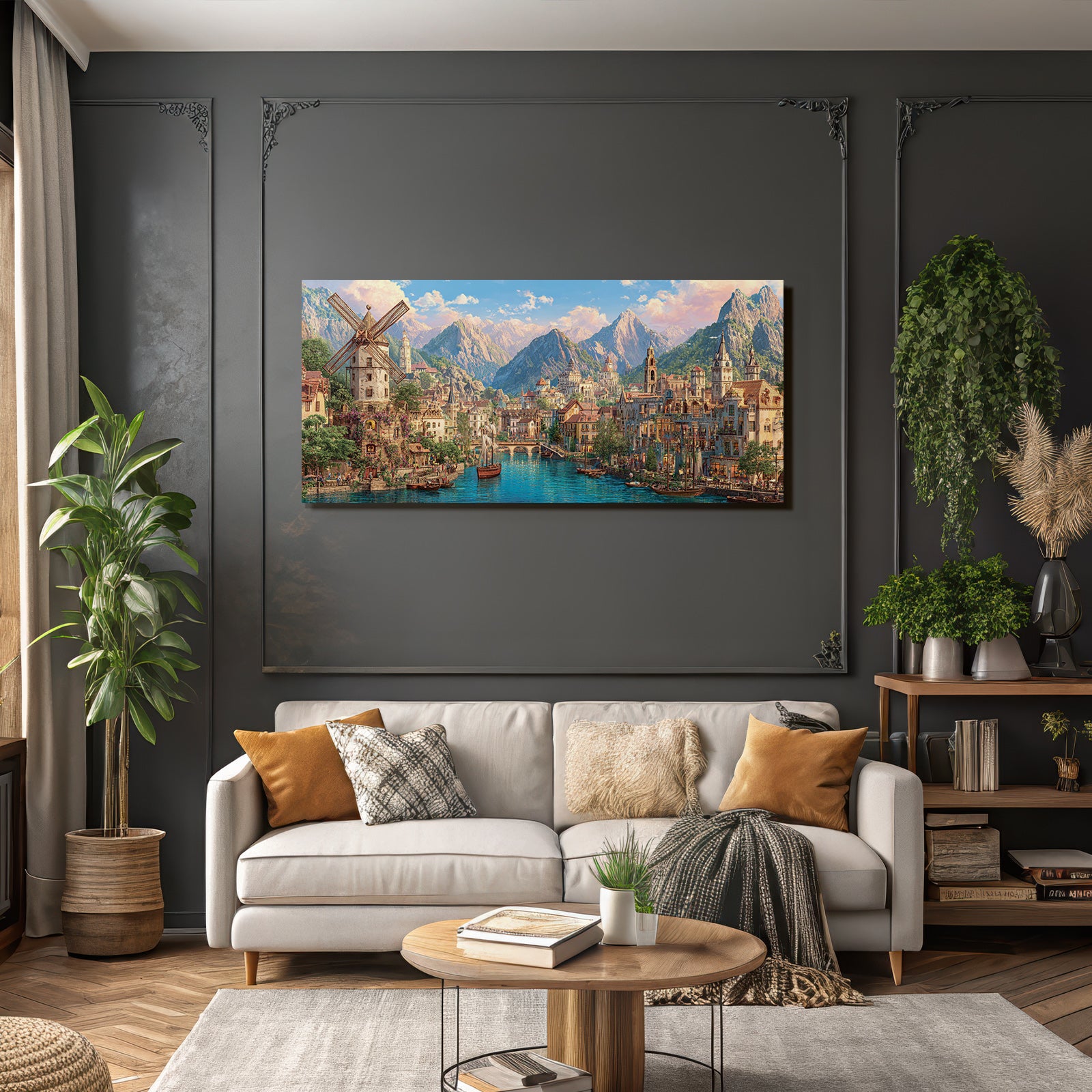 Idyllische Fantasy Landlandschaft Mit Stadt Am Fluss Und Bergen