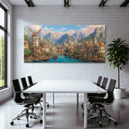 Idyllische Fantasy Landlandschaft Mit Stadt Am Fluss Und Bergen