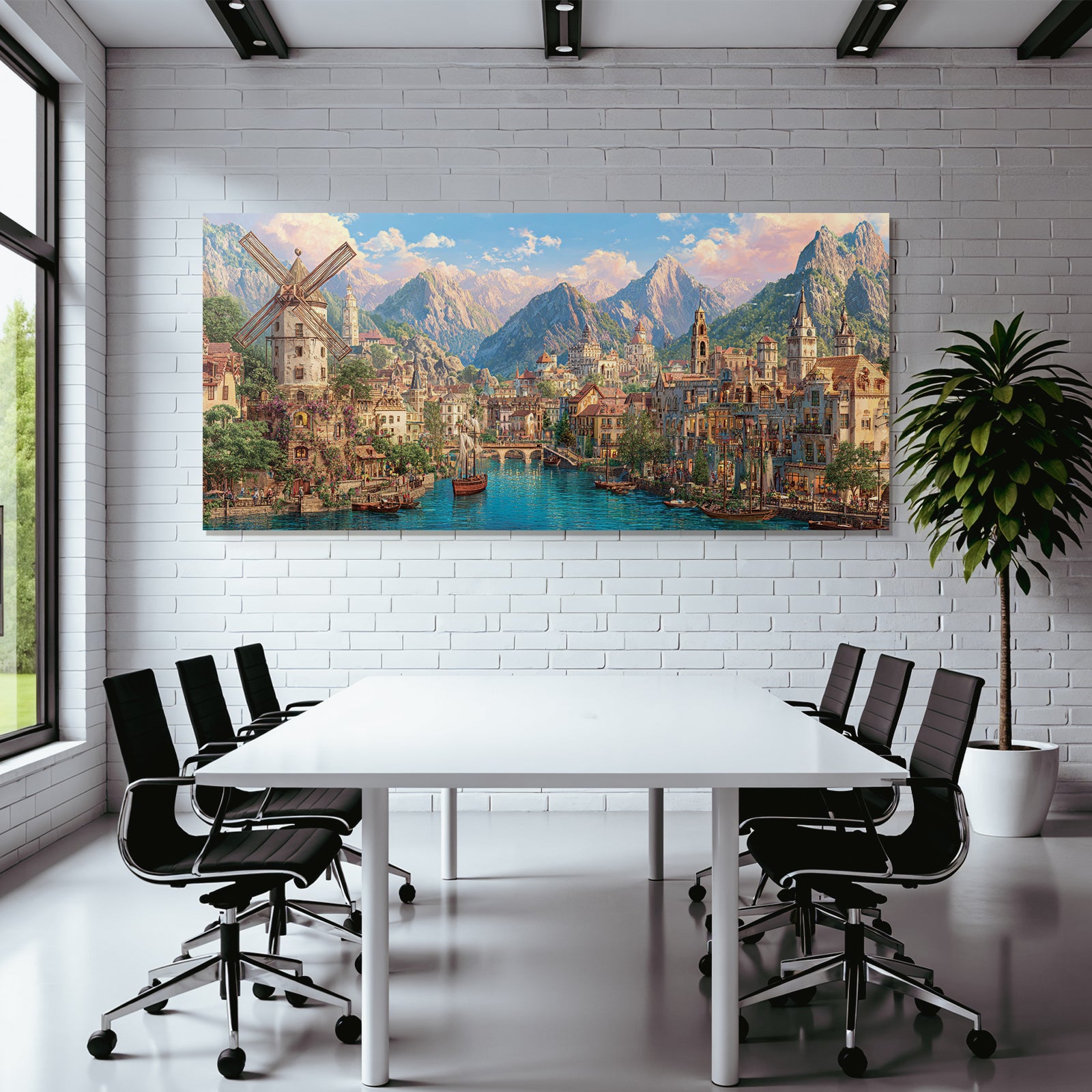 Idyllische Fantasy Landlandschaft Mit Stadt Am Fluss Und Bergen
