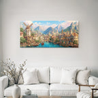 Idyllische Fantasy Landlandschaft Mit Stadt Am Fluss Und Bergen