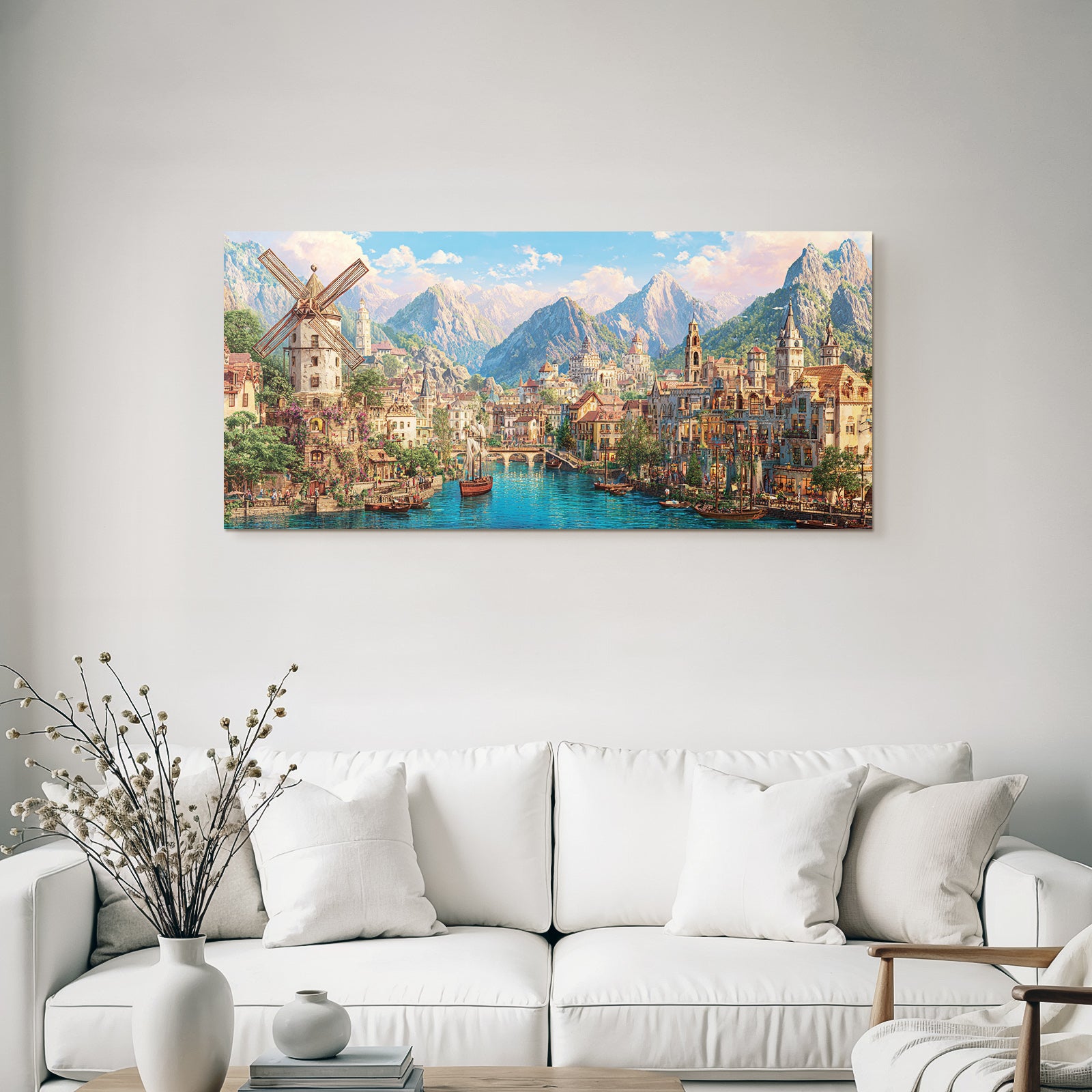 Idyllische Fantasy Landlandschaft Mit Stadt Am Fluss Und Bergen