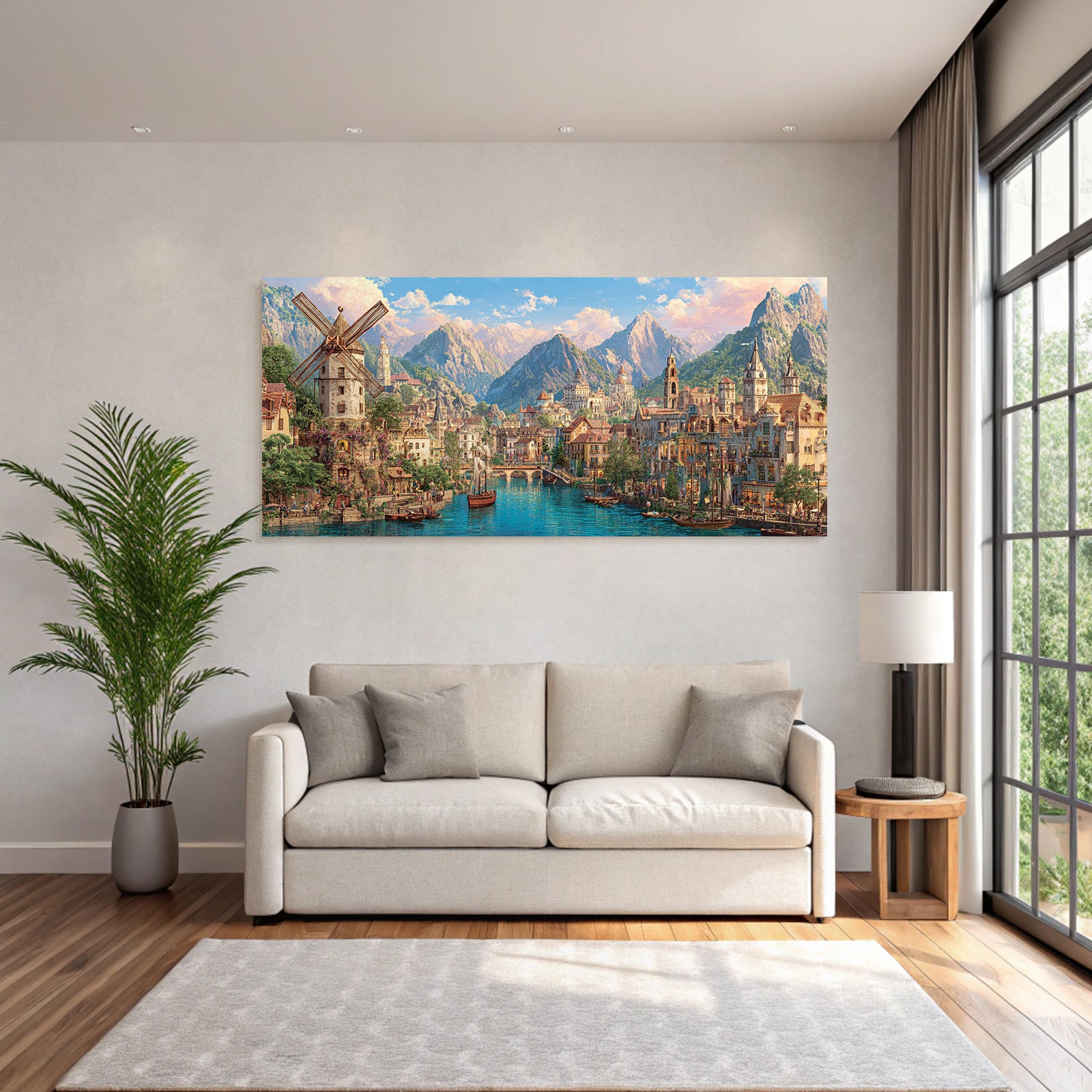 Idyllische Fantasy Landlandschaft Mit Stadt Am Fluss Und Bergen