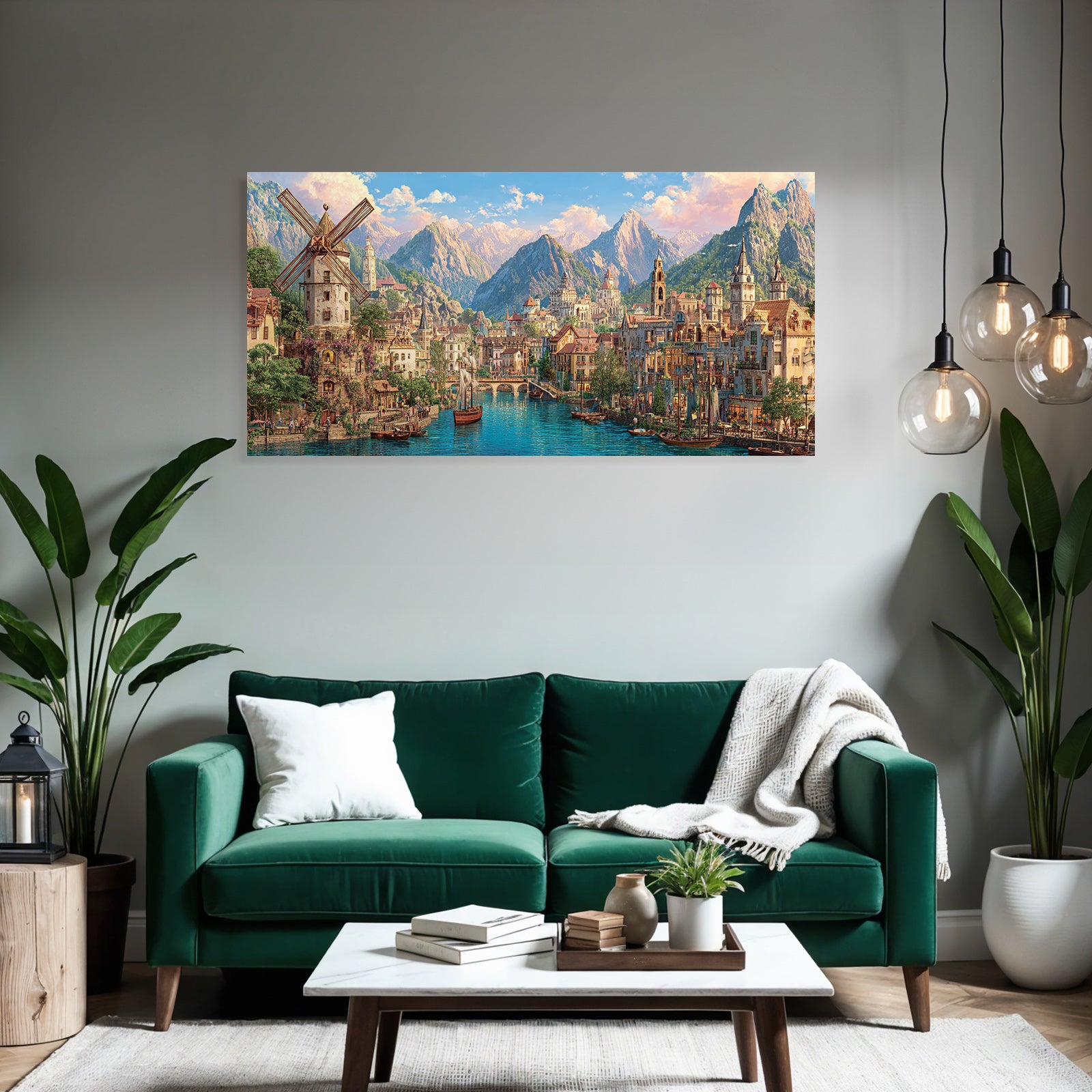 Idyllische Fantasy Landlandschaft Mit Stadt Am Fluss Und Bergen