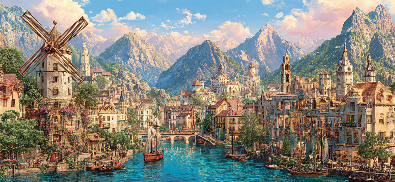 Idyllische Fantasy Landlandschaft Mit Stadt Am Fluss Und Bergen | Windmuehlen Leuchttuerme Bruecken | Architektur