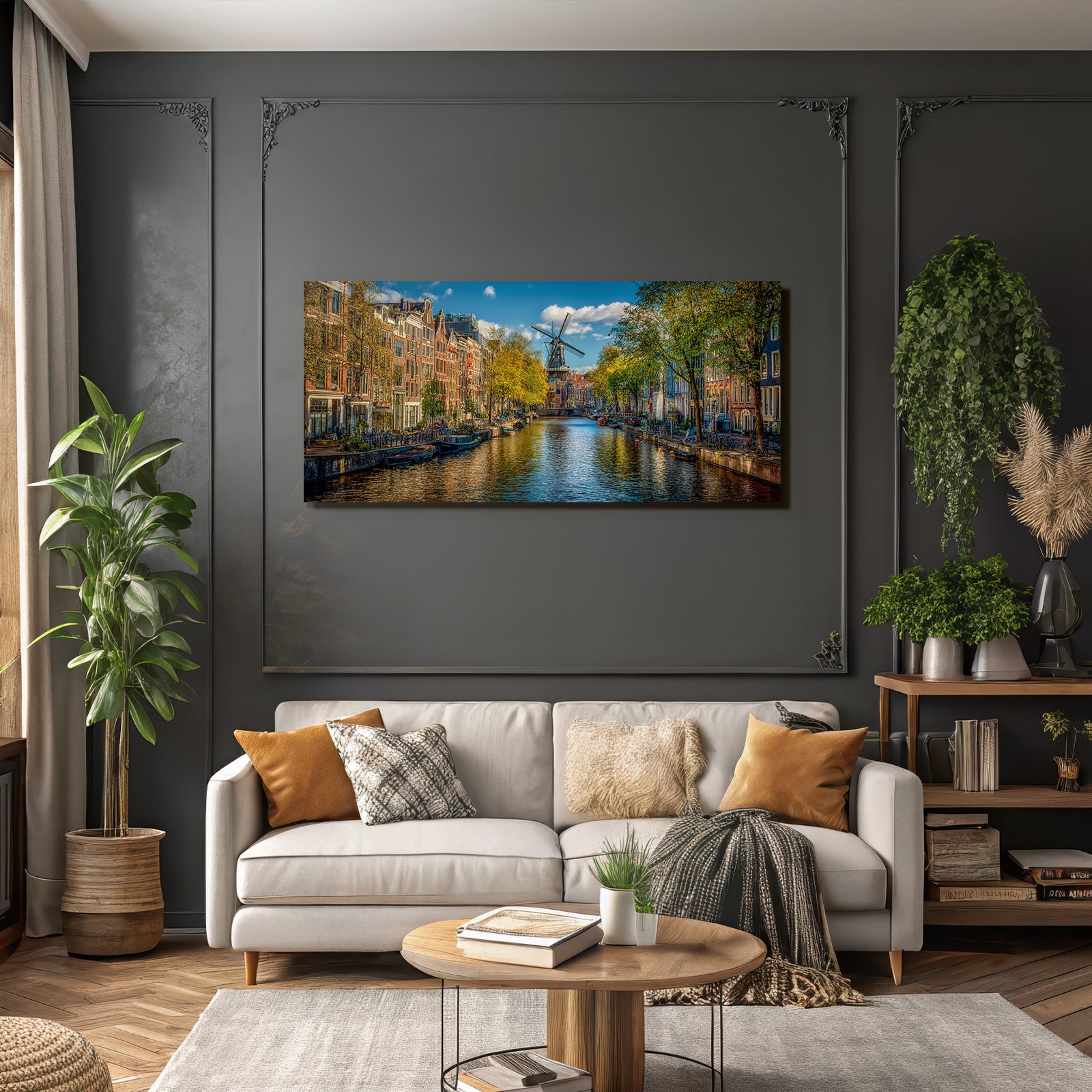 Kanalszene Amsterdam Herbstlandschaft Reflexionen In Wasser