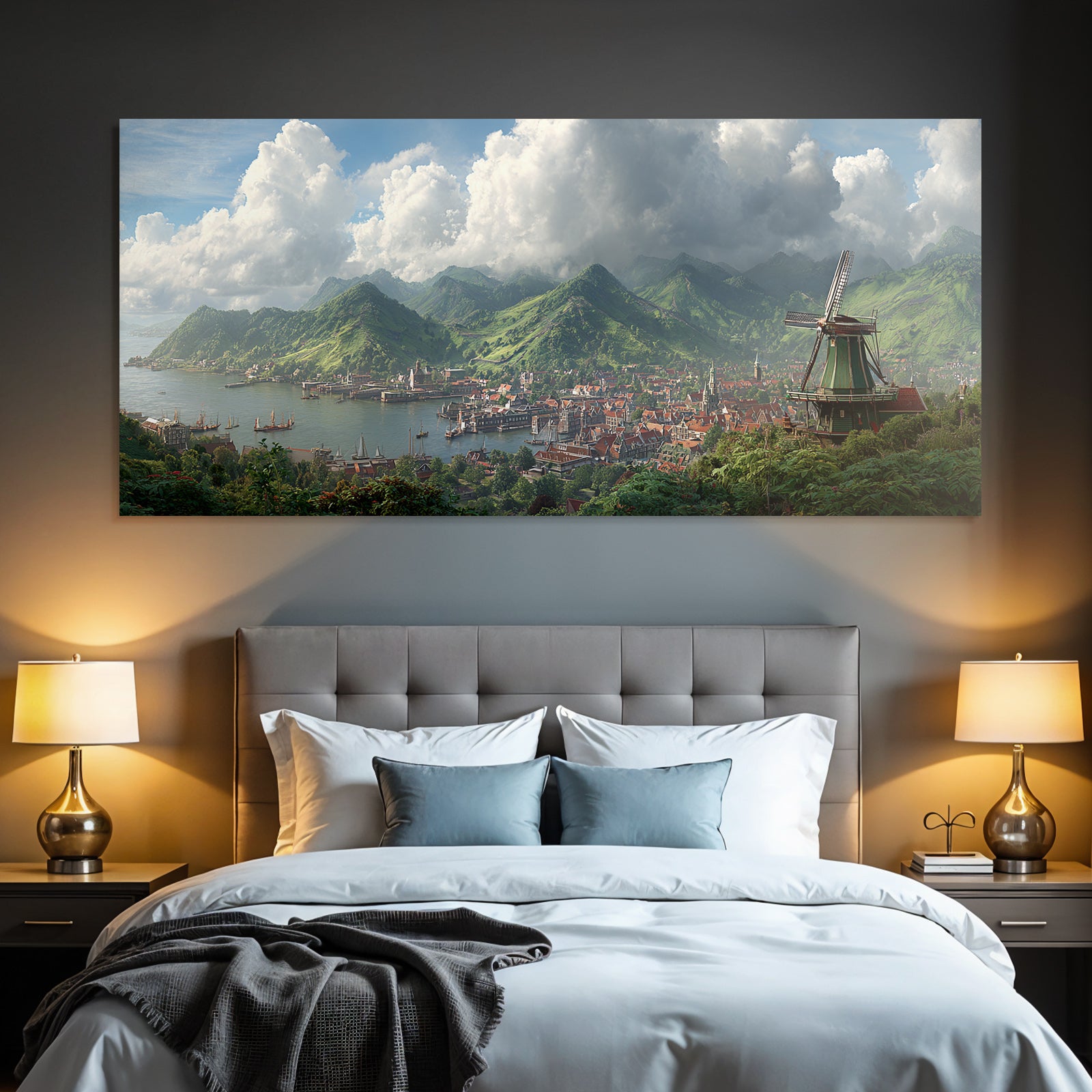 Küsstädte Malerei Und Küstenlandschaft Mit Segelyachten Bloc Boote Himmel