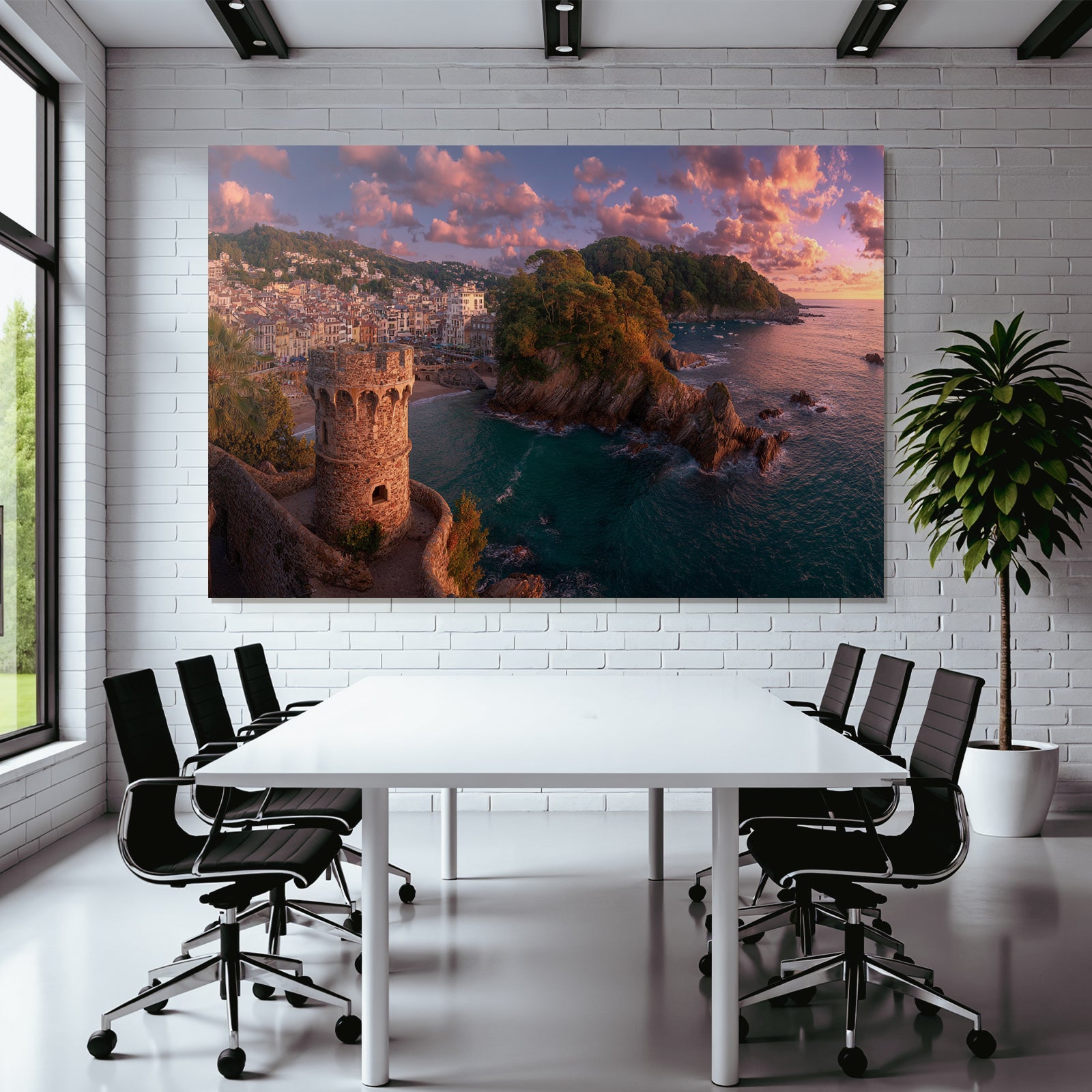 Küstenansicht Mit Historischem Turm Strand Und Sonnenuntergang