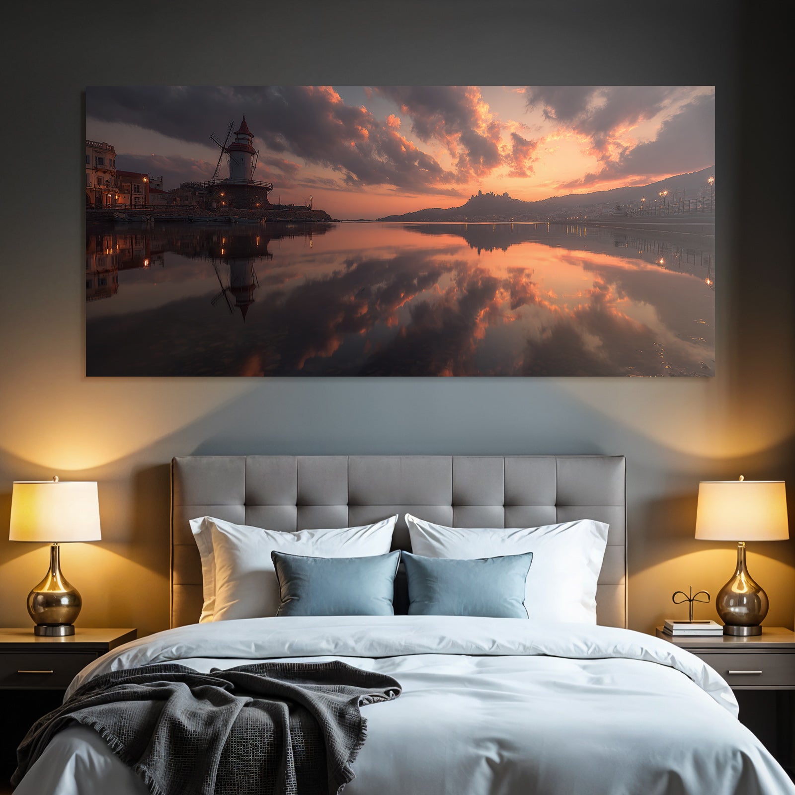 Leuchtturm Am Wasser Bei Sonnenuntergang Malerei Der Natur