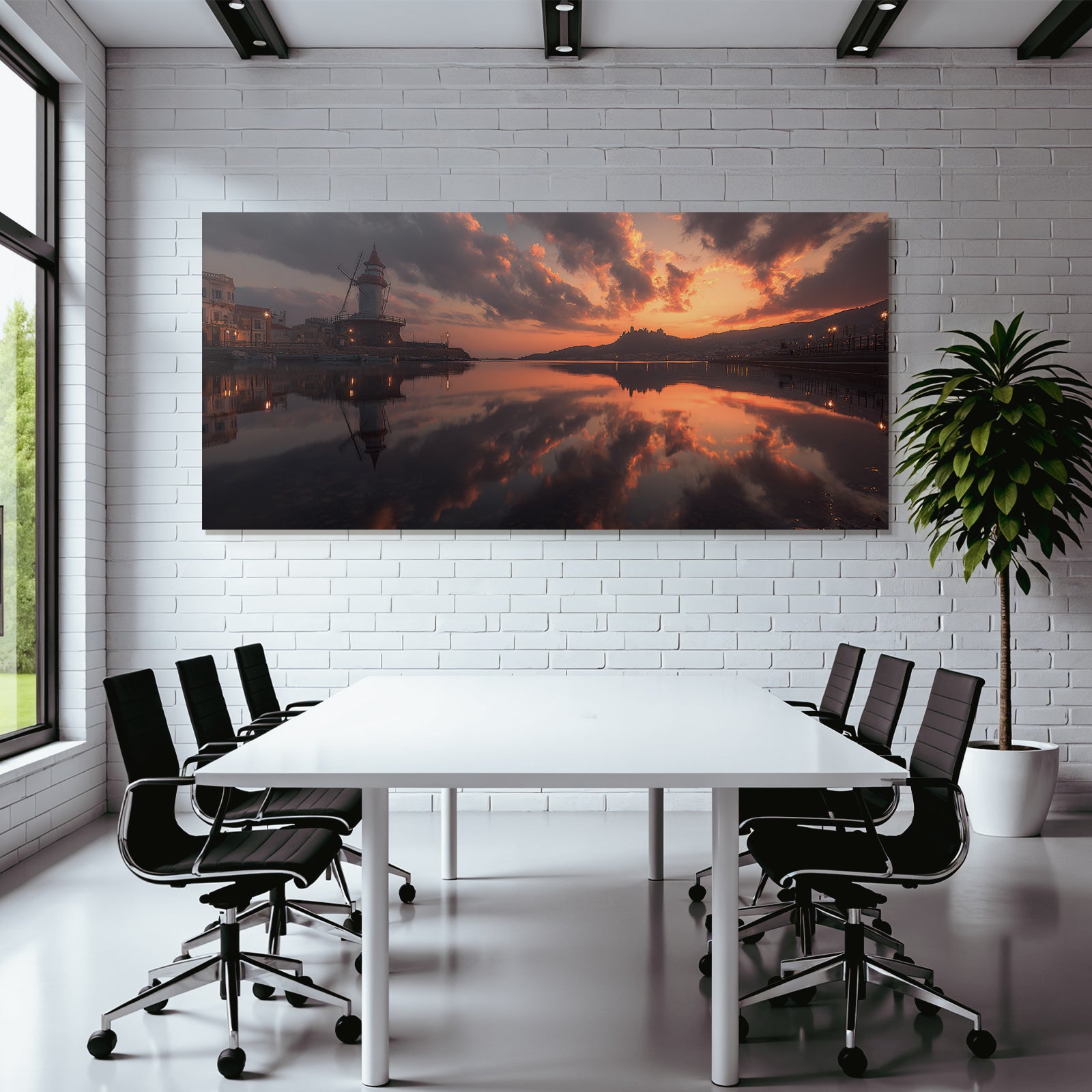 Leuchtturm Am Wasser Bei Sonnenuntergang Malerei Der Natur