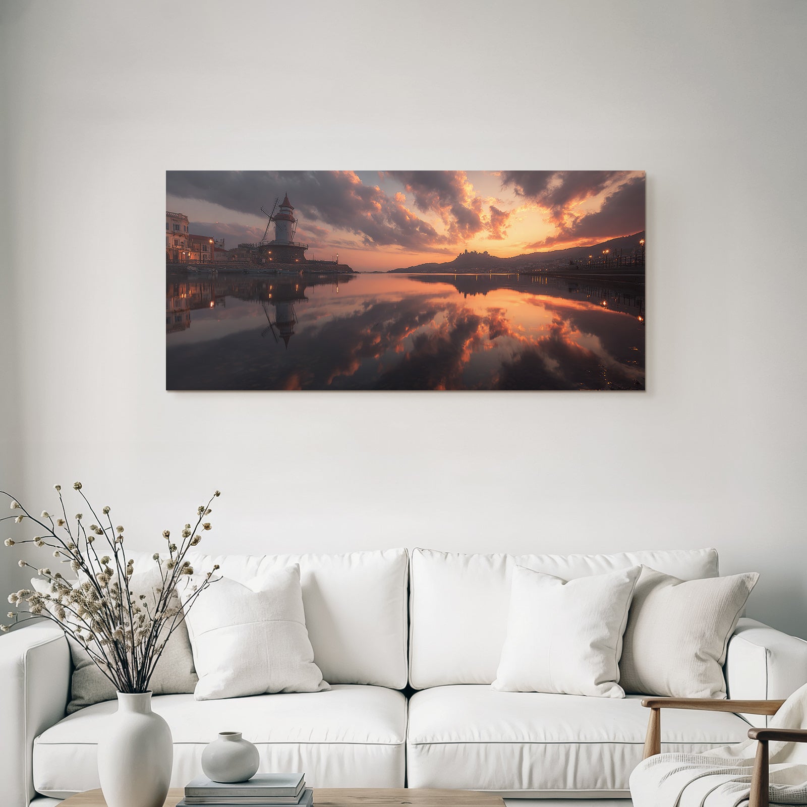 Leuchtturm Am Wasser Bei Sonnenuntergang Malerei Der Natur