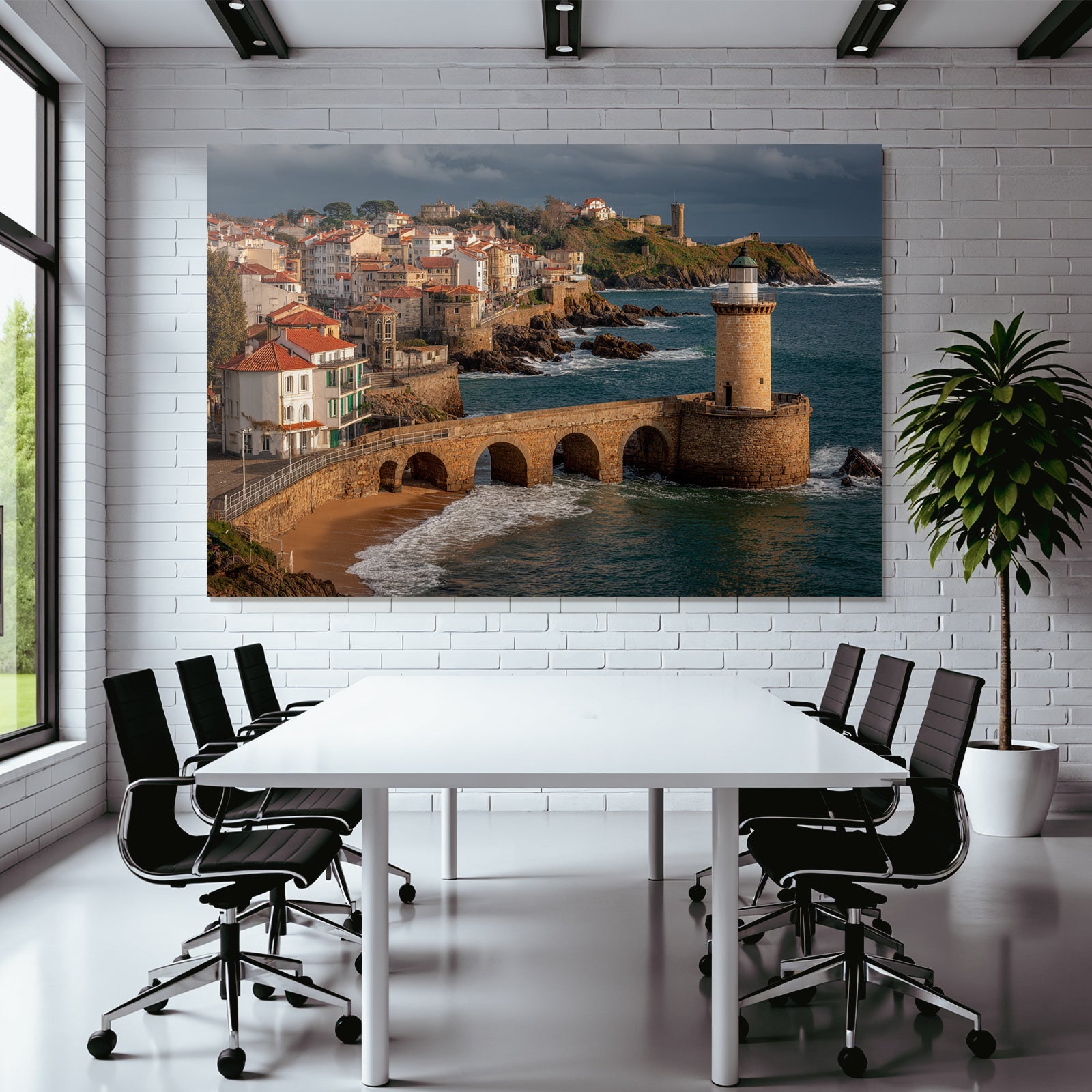 Leuchtturm Steinbrücke Und Hübsche Stadt Am Meer