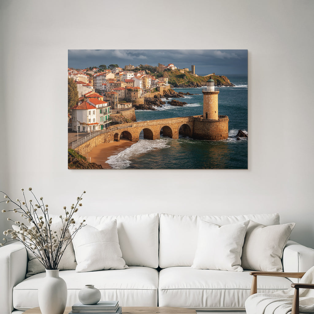 Leuchtturm Steinbrücke Und Hübsche Stadt Am Meer