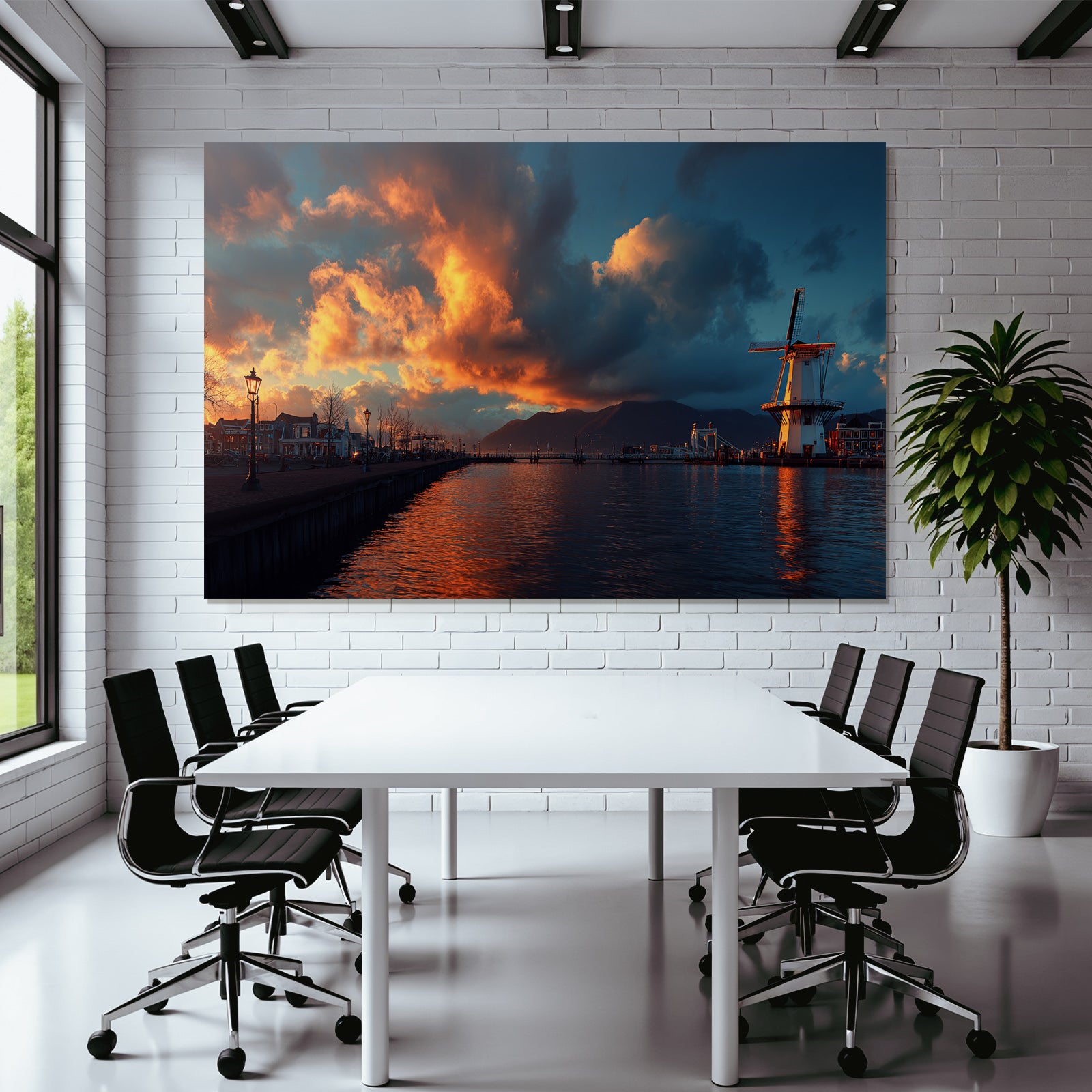 Malerischer Wasserfront Sonnenuntergang Mit Windmühle Und Gebäuden