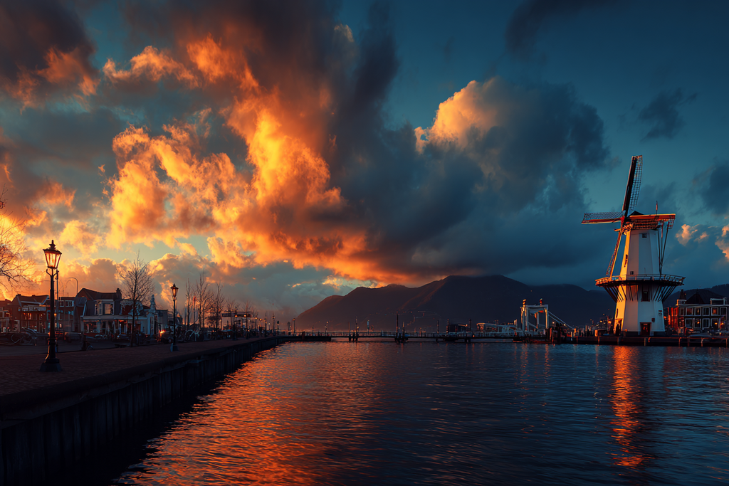 Malerischer Wasserfront Sonnenuntergang Mit Windmühle Und Gebäuden | Windmuehlen Leuchttuerme Bruecken | Architektur
