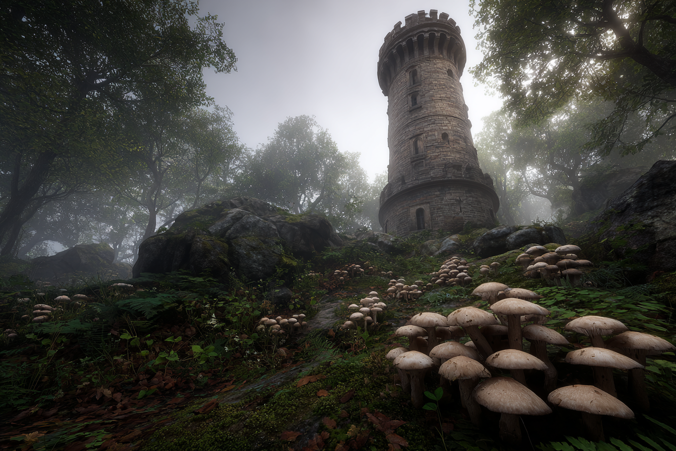 Mistiger Wald Mit Stein Turm Mit Zauberhaften Pilzen | Windmuehlen Leuchttuerme Bruecken | Architektur