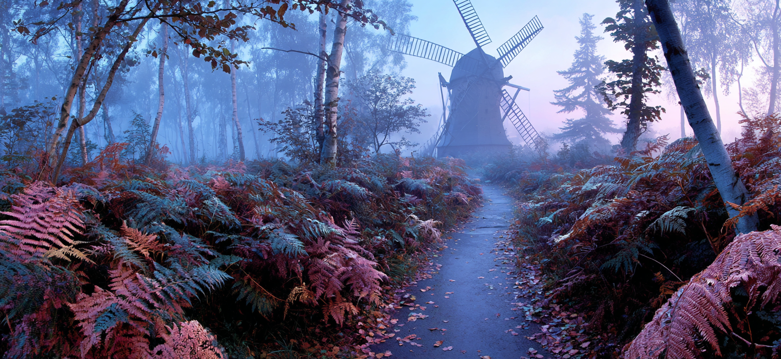 Nebeliger Waldweg Mit Windmühle Und Fernfauna Romantische Atmosphäre | Windmuehlen Leuchttuerme Bruecken | Architektur