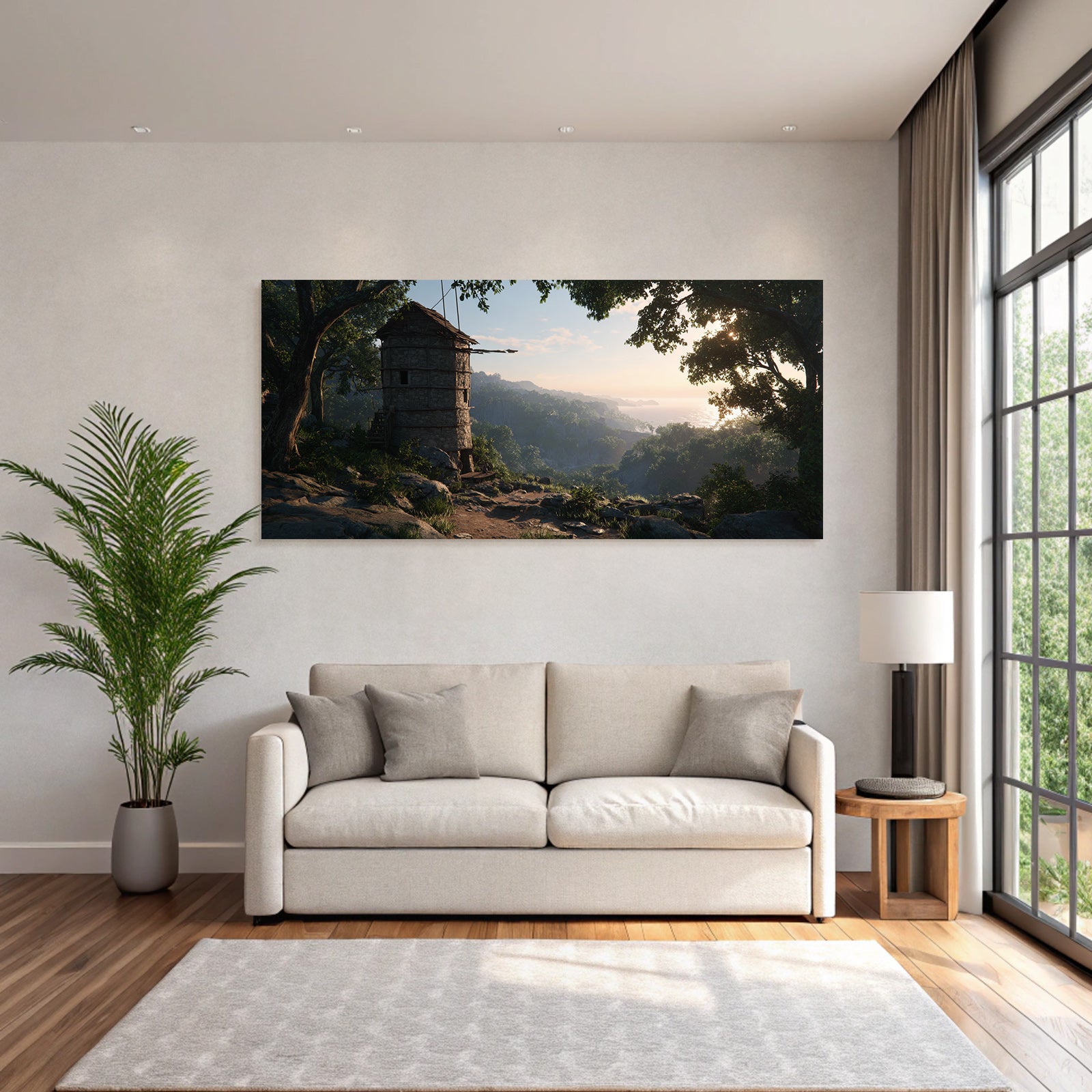 Ruhige Landschaft Mit Aussichtsturm Umgeben Von Grüner Natur Und Meer