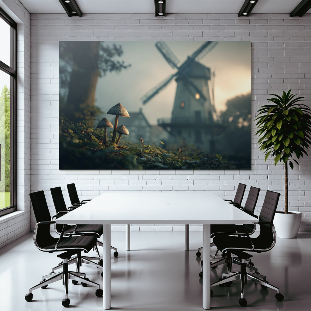 Ruhige Landschaft Mit Pilzen Und Windmühle Im Nebel
