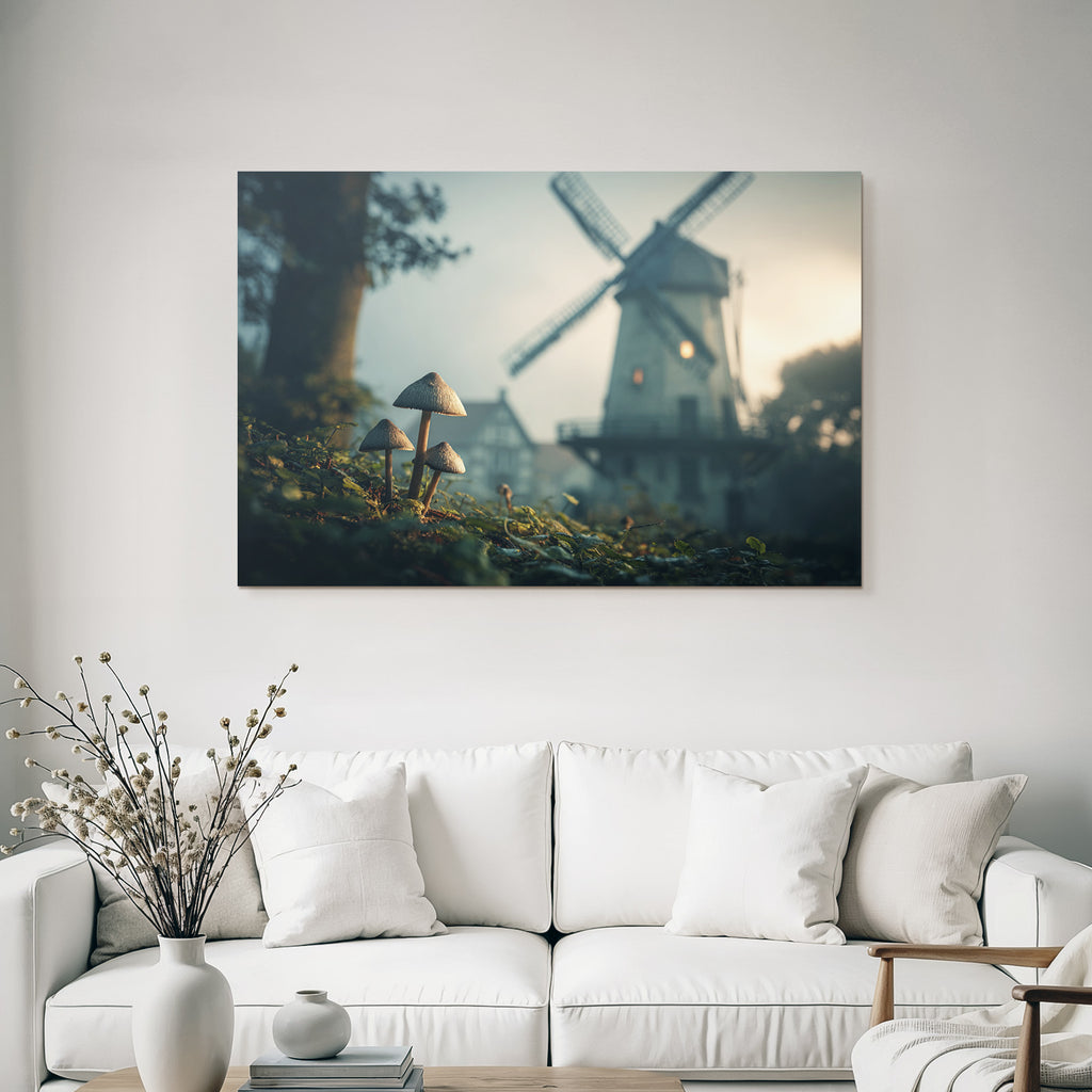 Ruhige Landschaft Mit Pilzen Und Windmühle Im Nebel