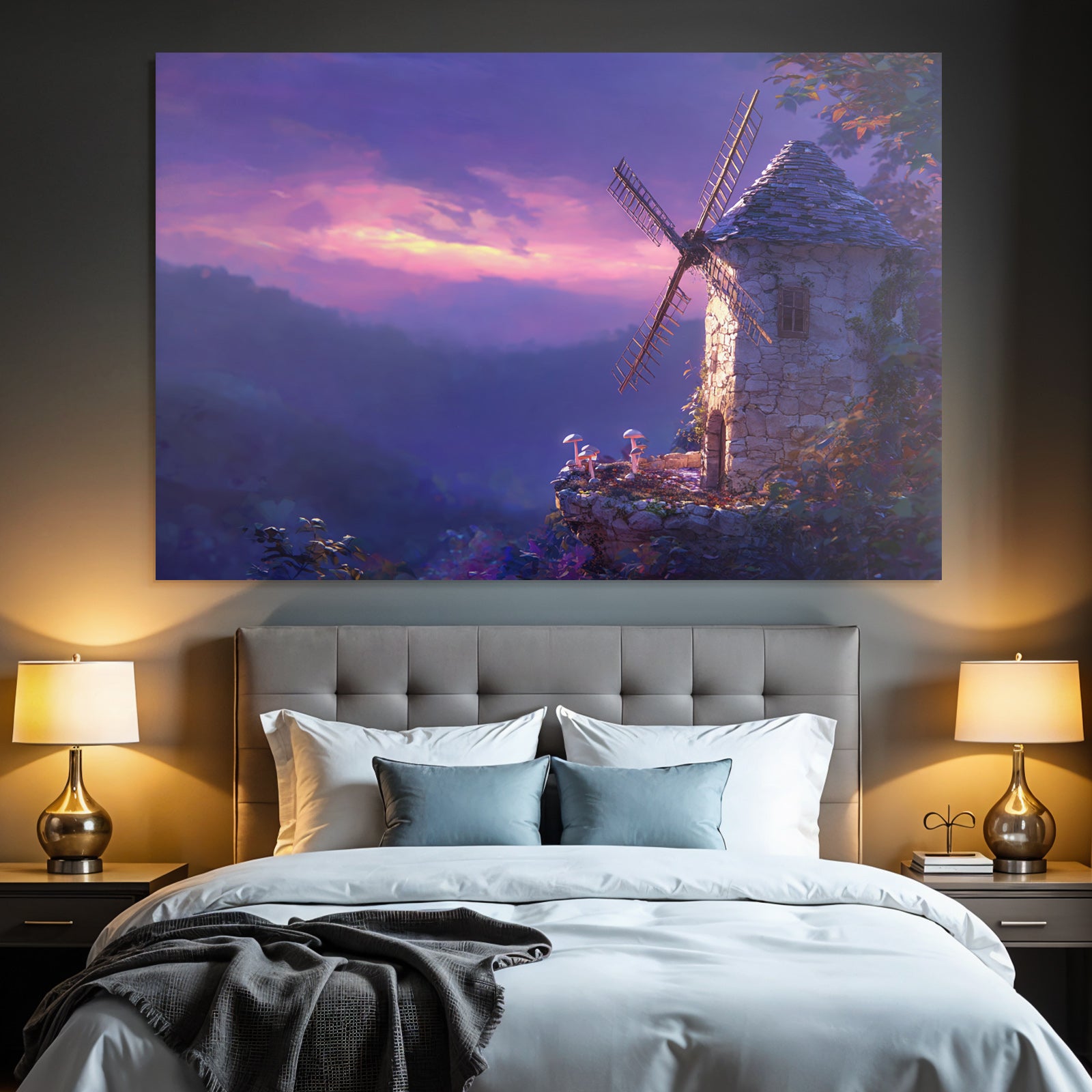 Rustikaler Windmühle Mit Mushrooms Im Twilight Himmel