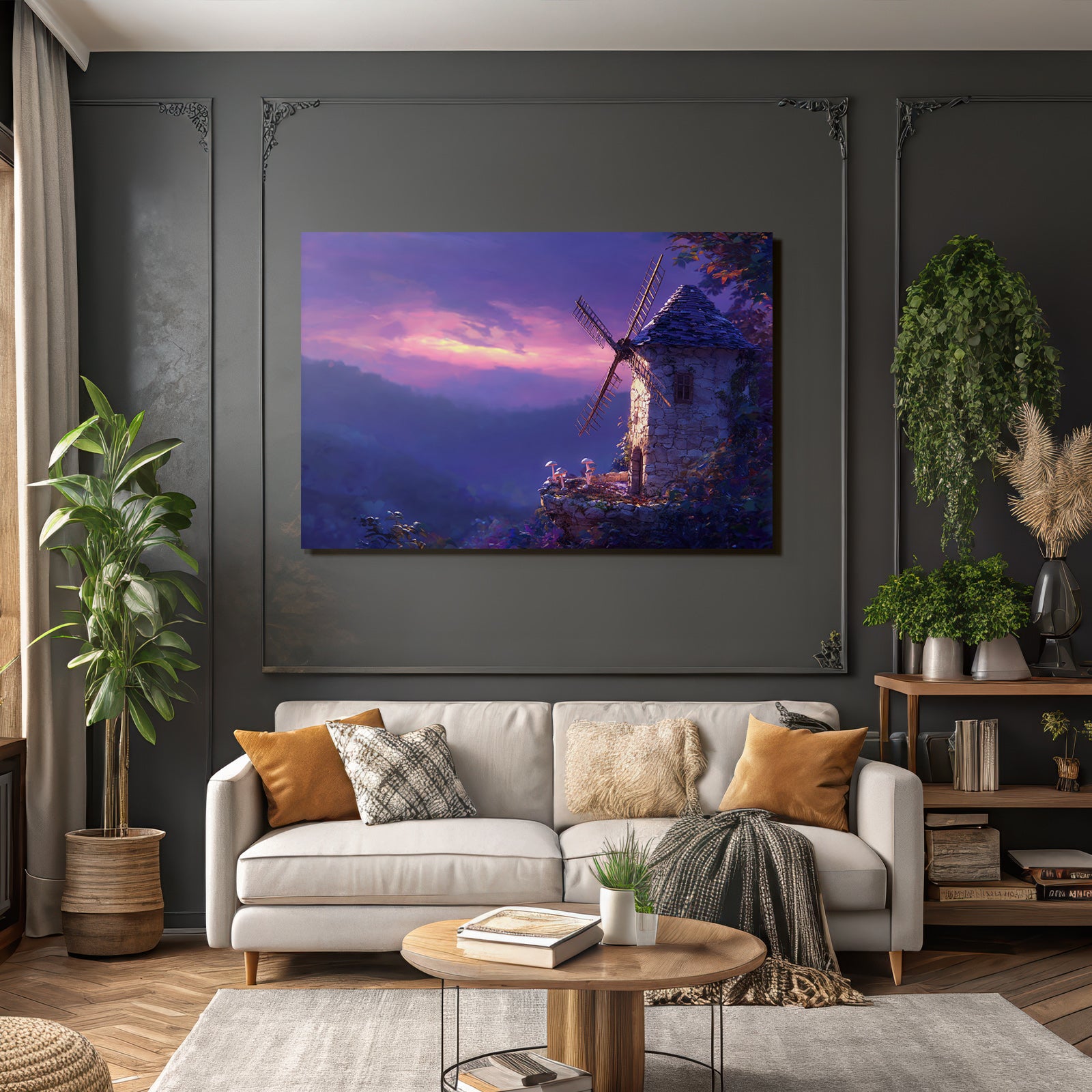 Rustikaler Windmühle Mit Mushrooms Im Twilight Himmel